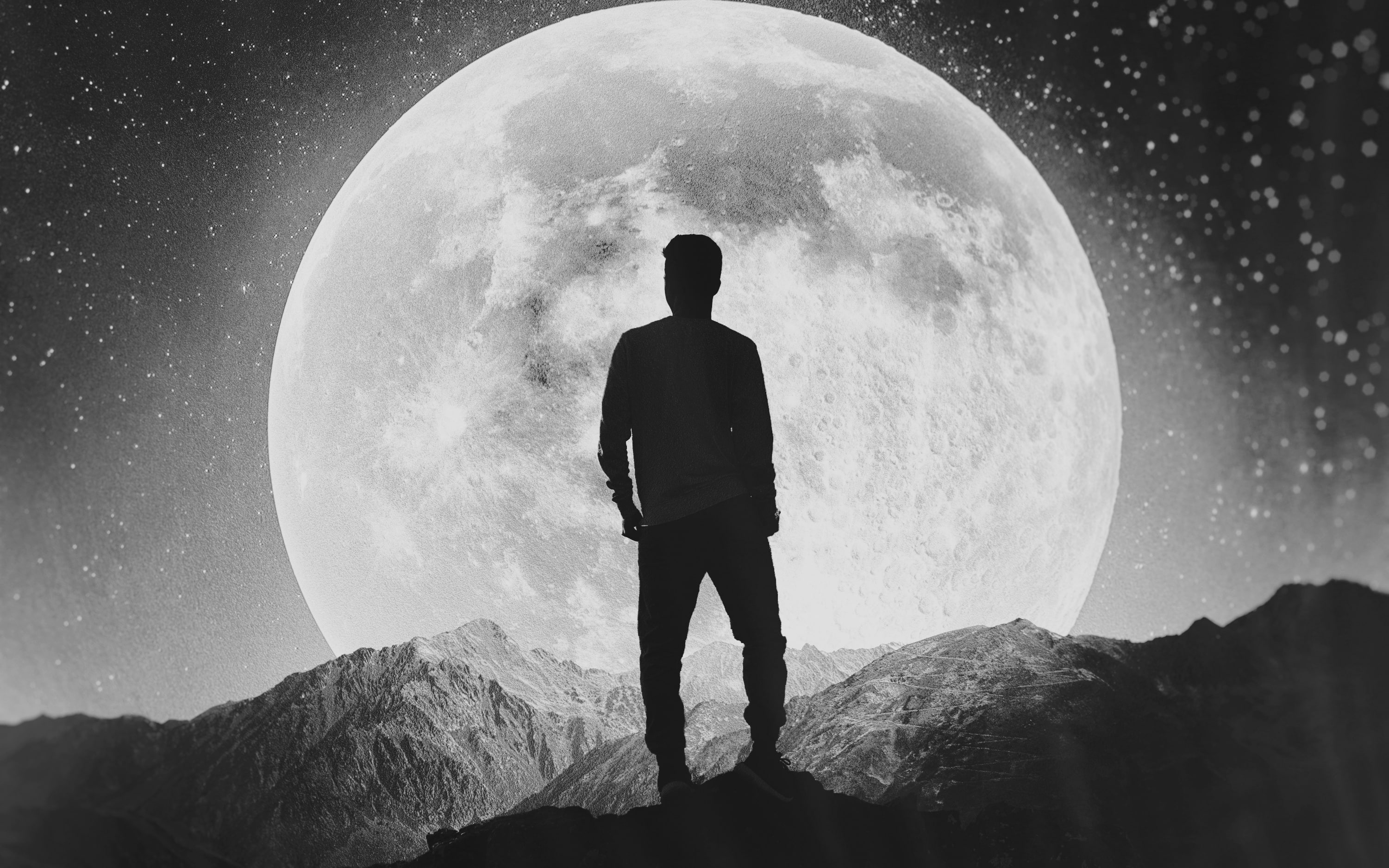 the moon, black and white, guy, alone