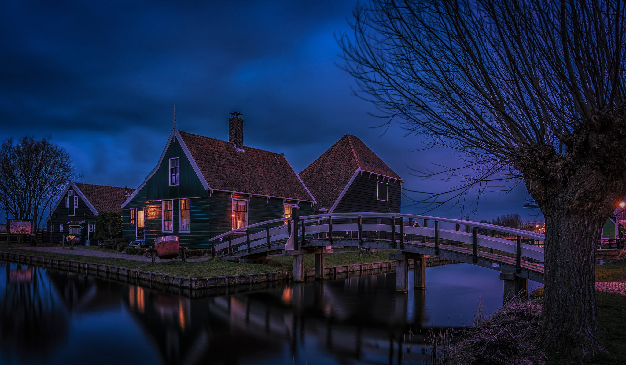 night, bridge, home, village, Netherlands, Zaanse Schans