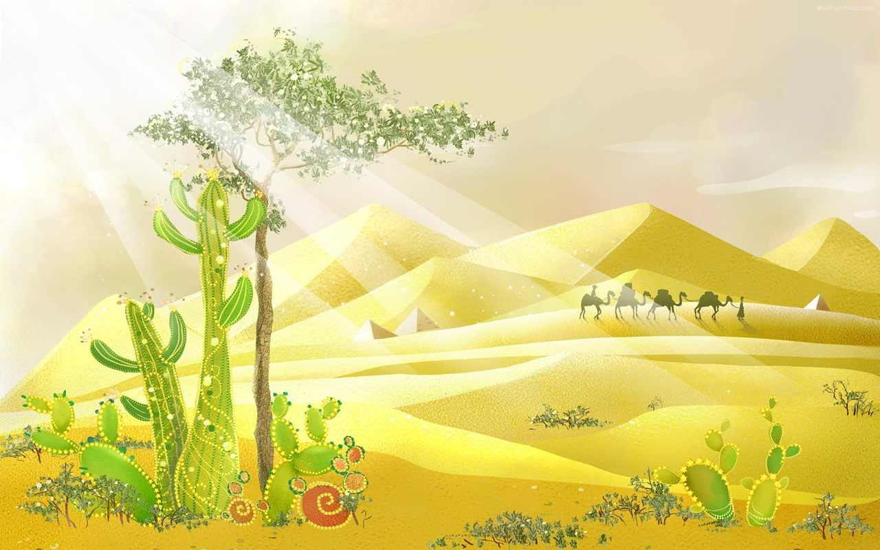 artwork, desert, cactus, camels, sand, plant, green color, yellow