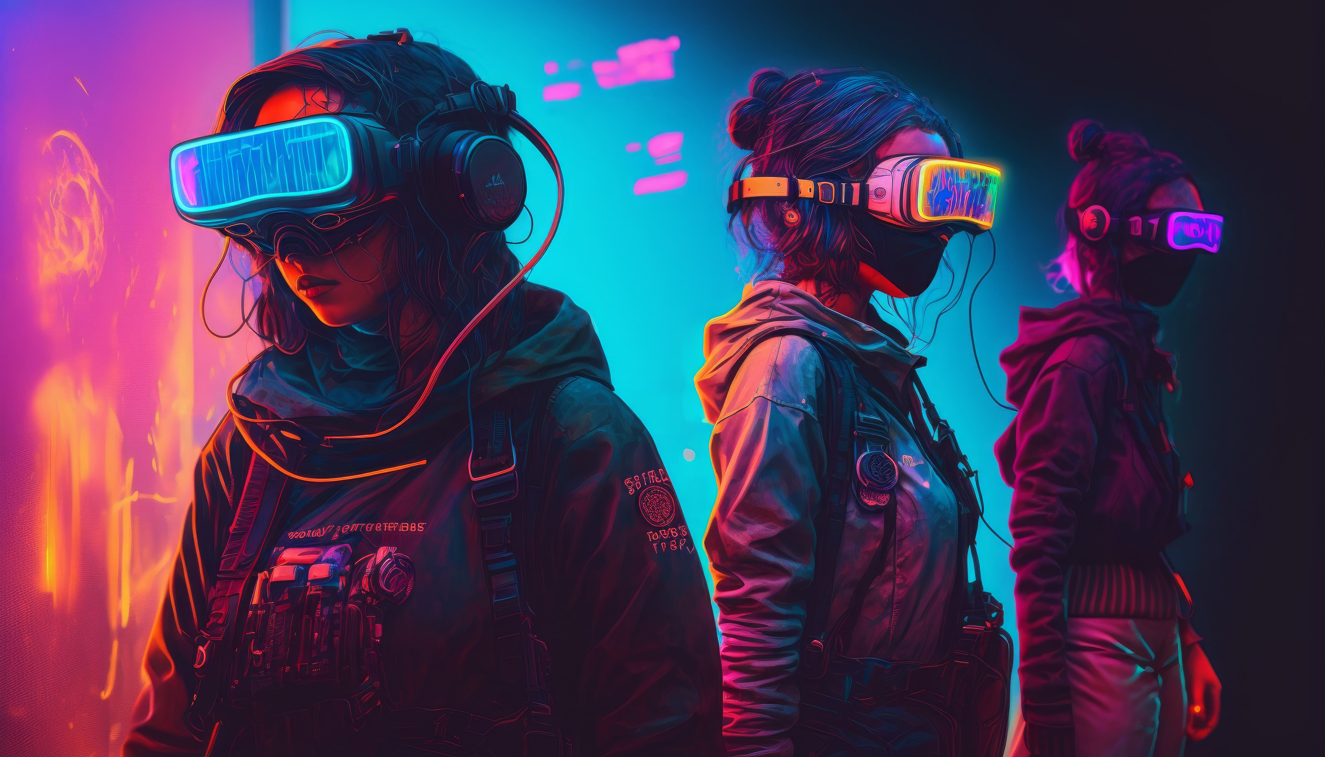 AI art, illustration, VR Headset, cyberpunk, women