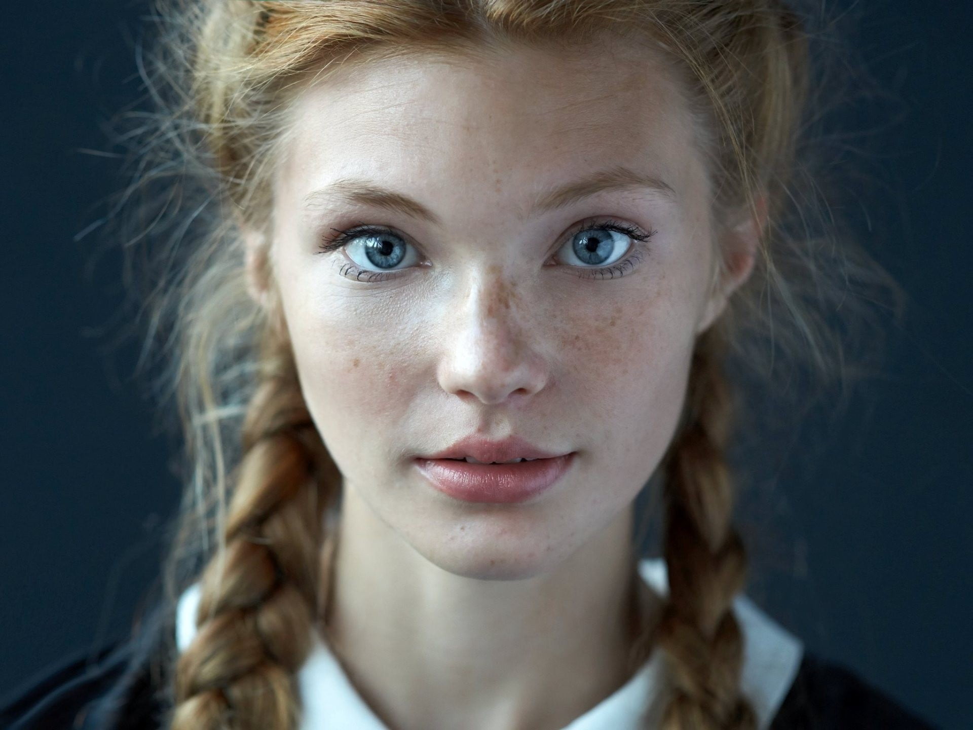 women, redhead, braids, face, blue eyes, freckles, blonde, portrait