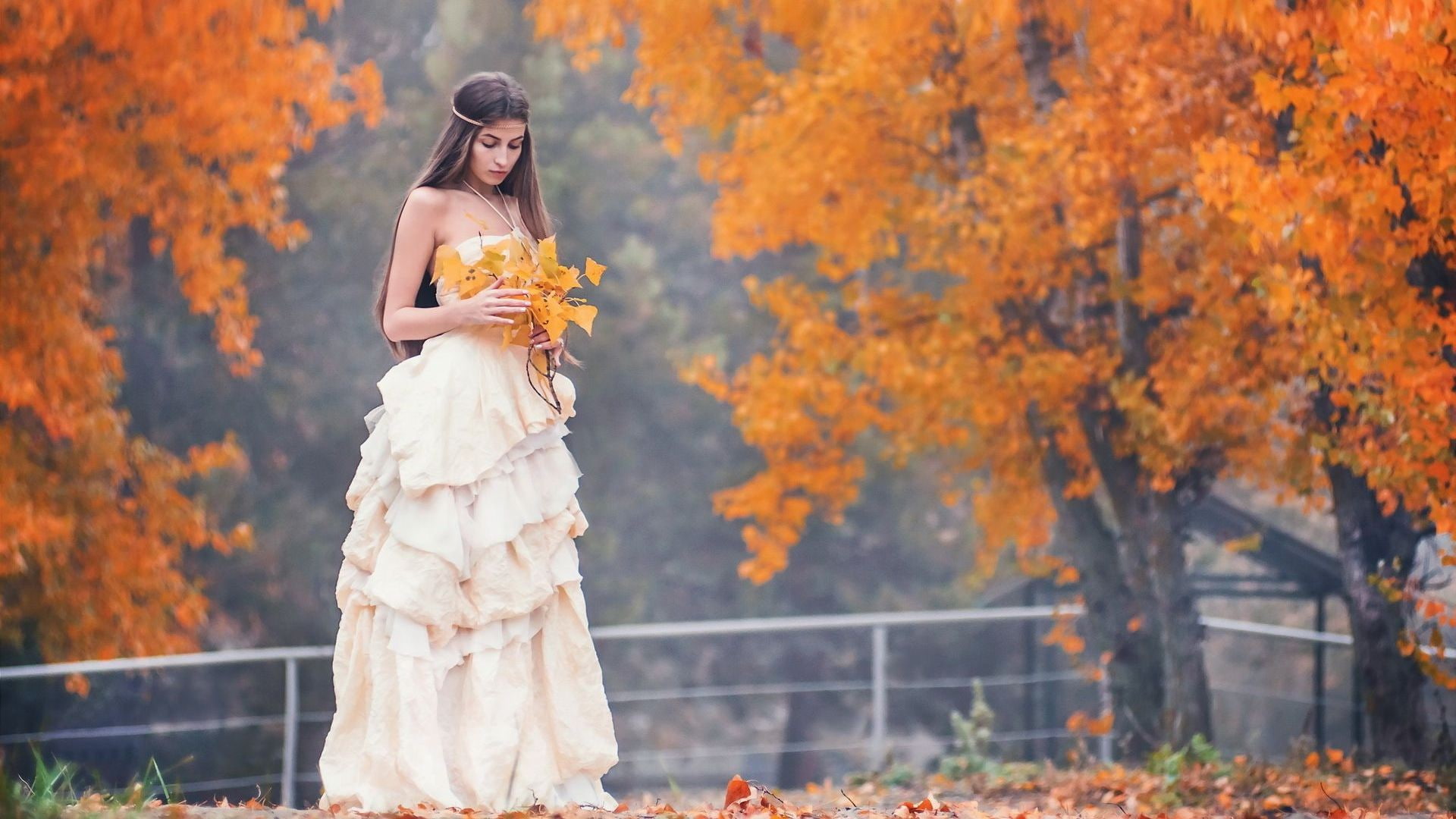 leaves, fall, women, trees, white dress, headband, brunette