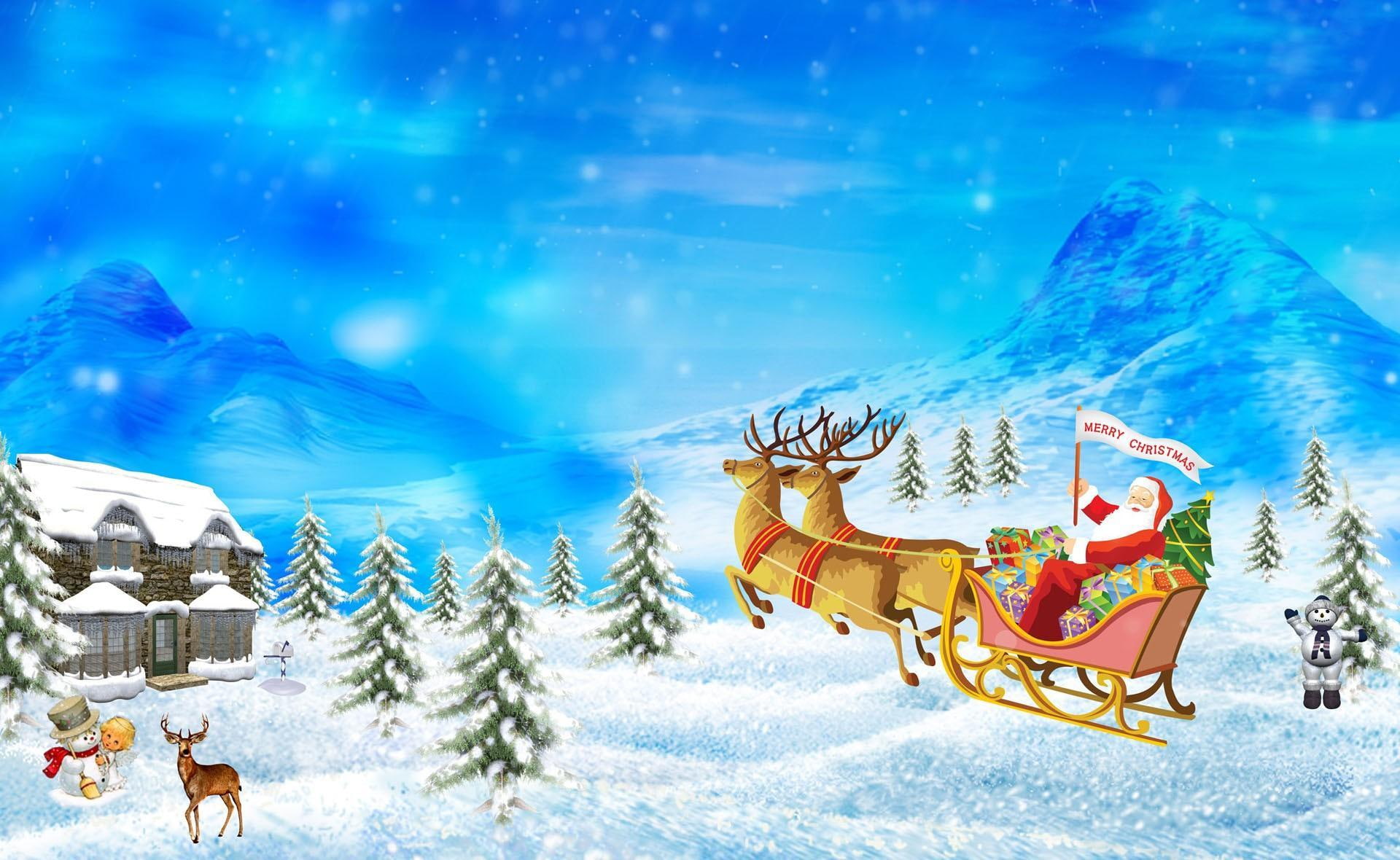 santa claus, reindeer, sleigh, presents, christmas, holiday, house, mountain