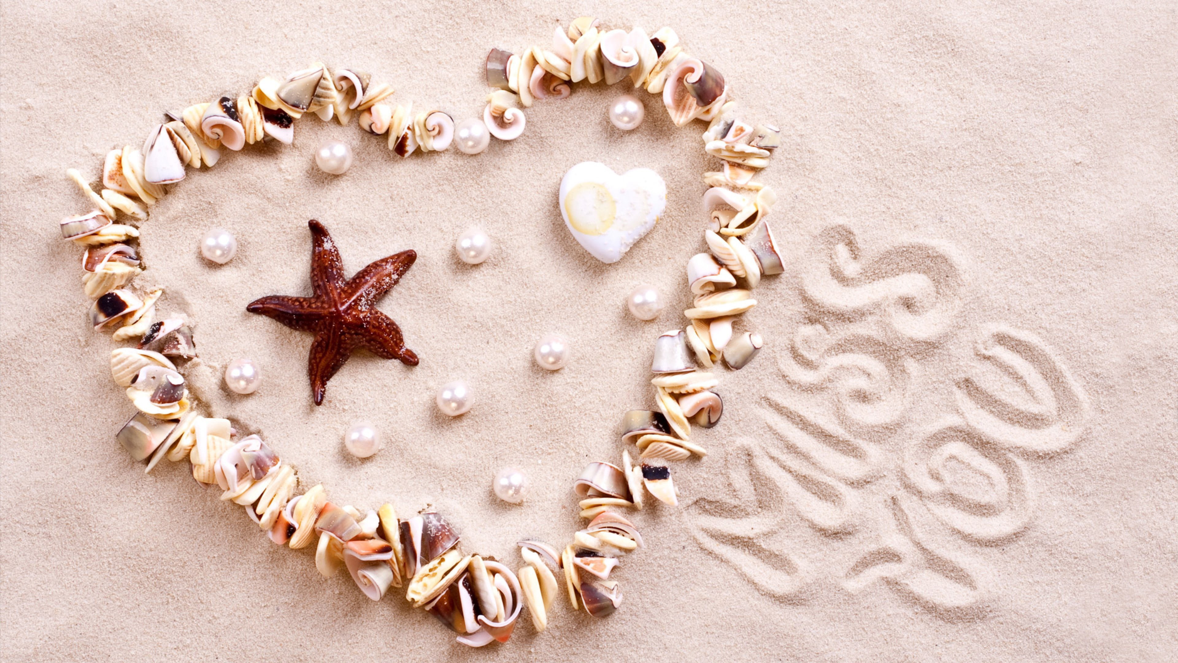 heart, shore, 4K, shell, starfish, love image, high angle view