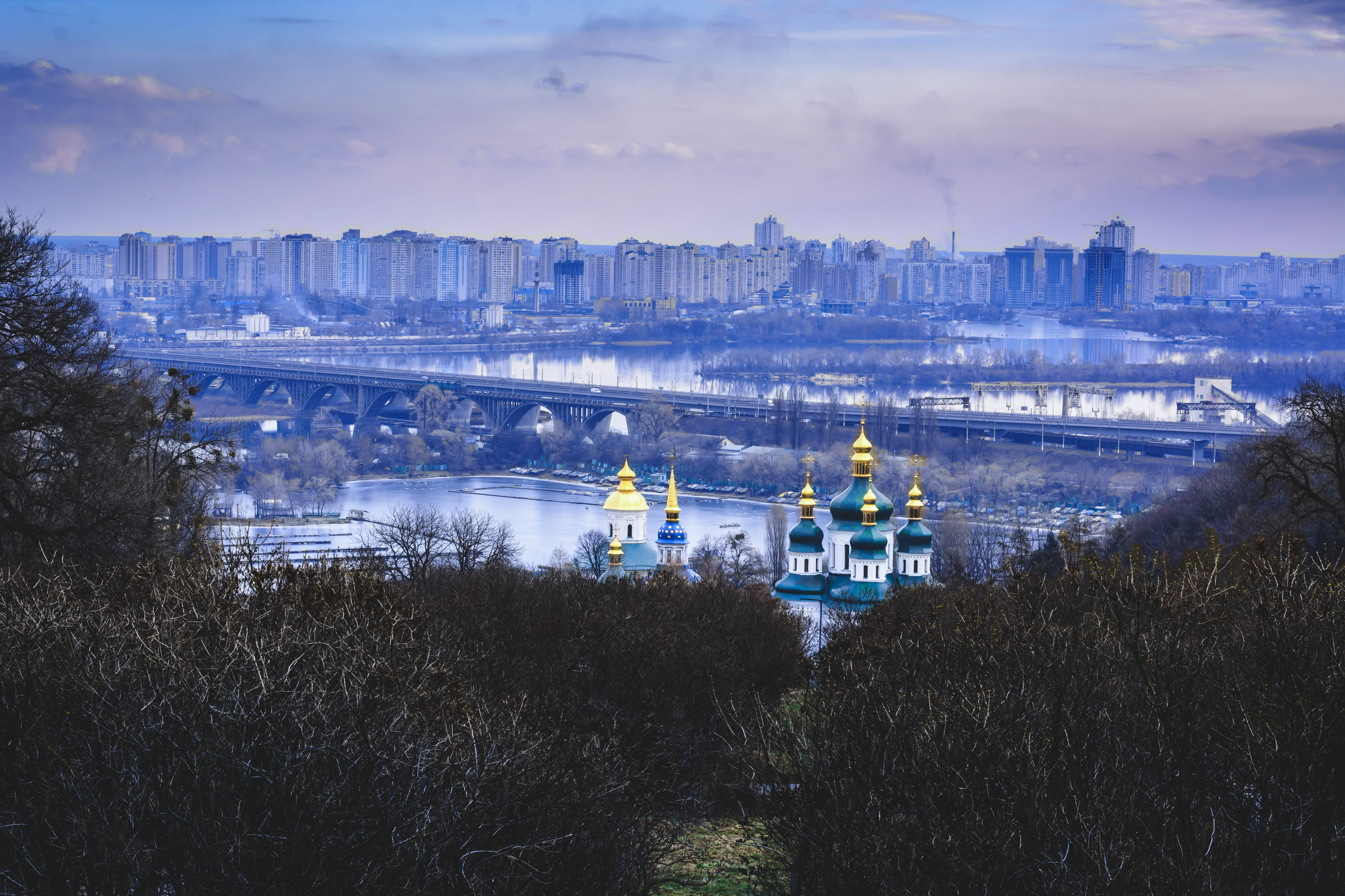 winter, bridge, Garden, Ukraine, the monastery, dome, Kiev