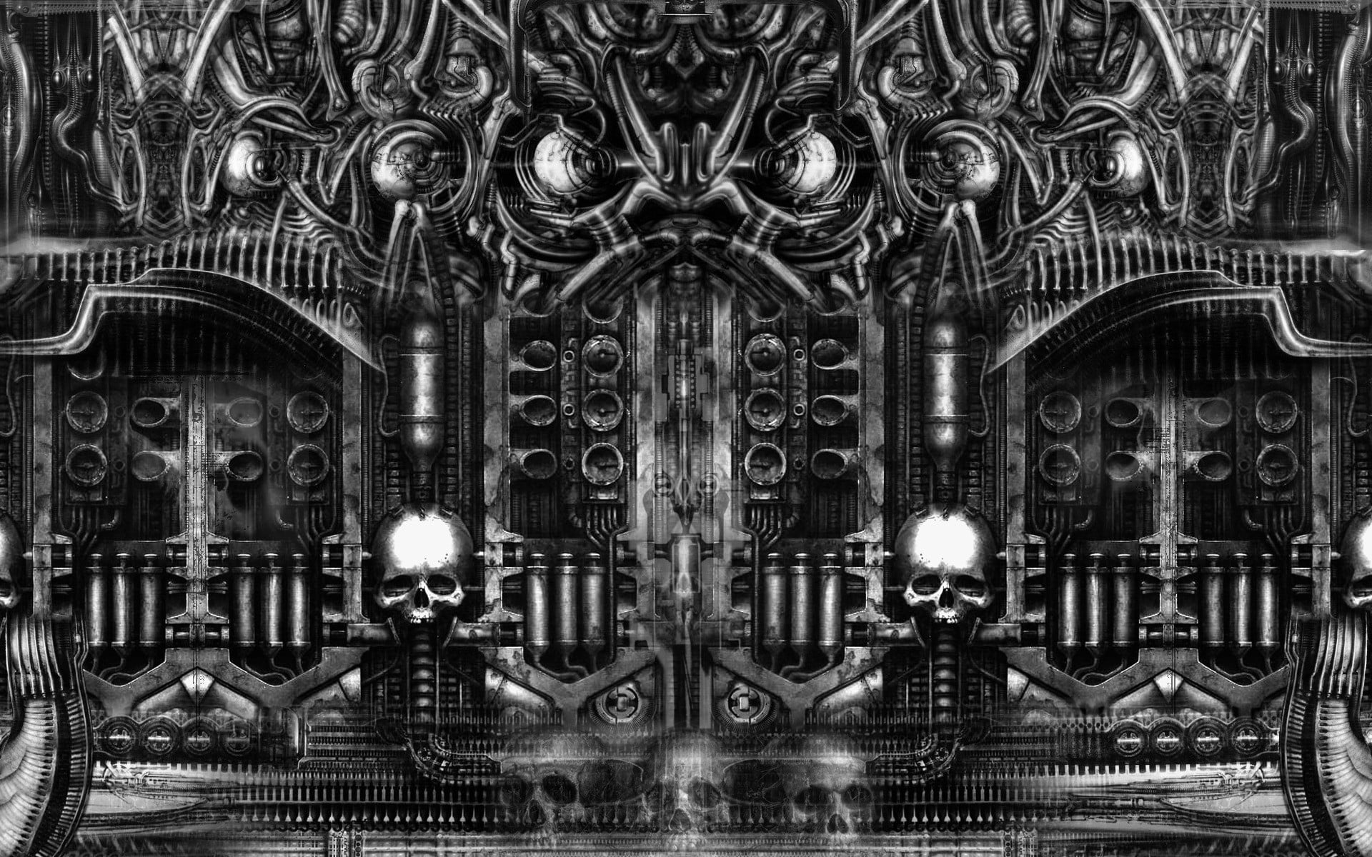 black door digital art, H. R. Giger, surreal, skull, artwork