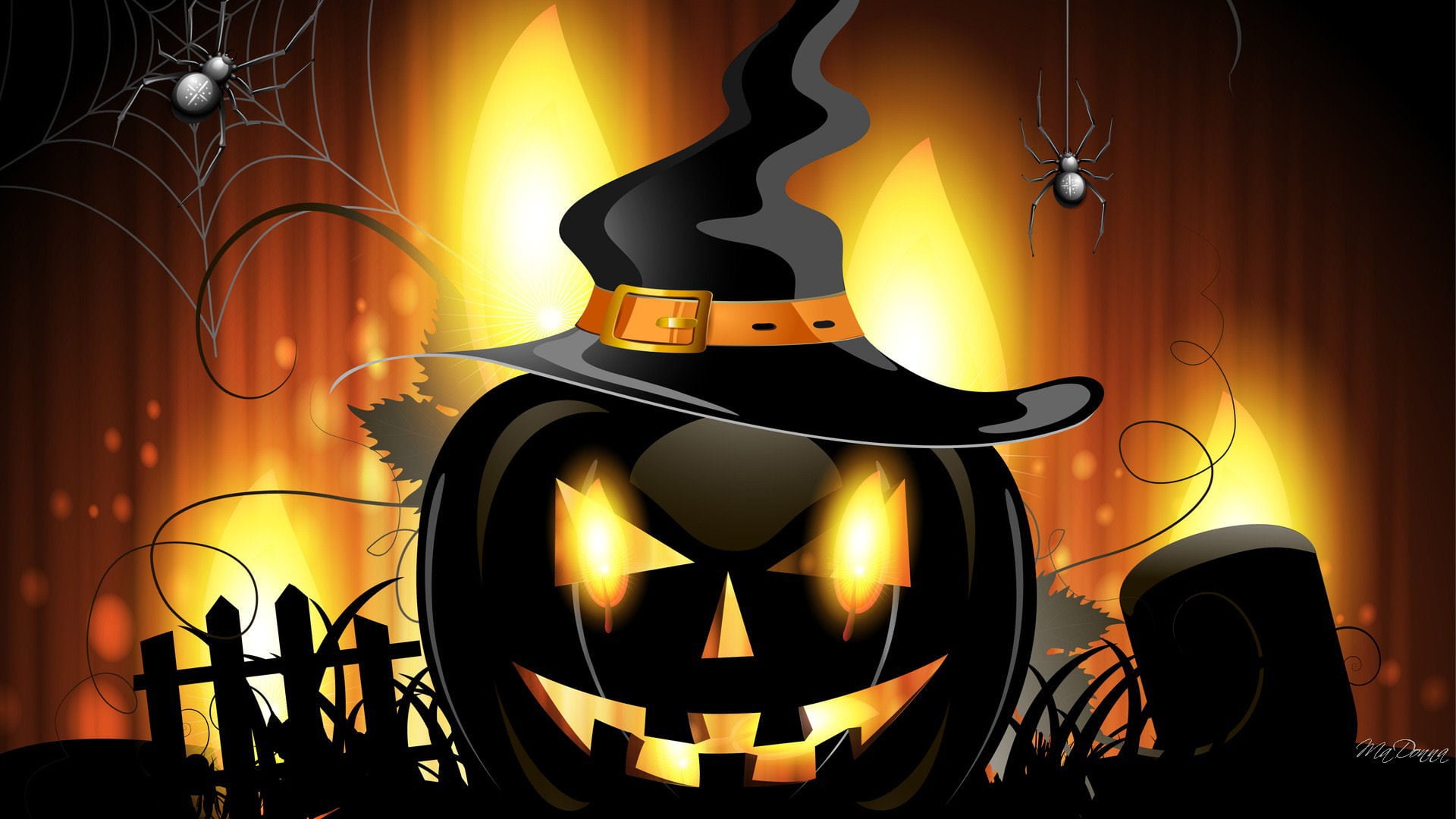 pumpkin illustration, Halloween, spider, artwork, Jack O' Lantern