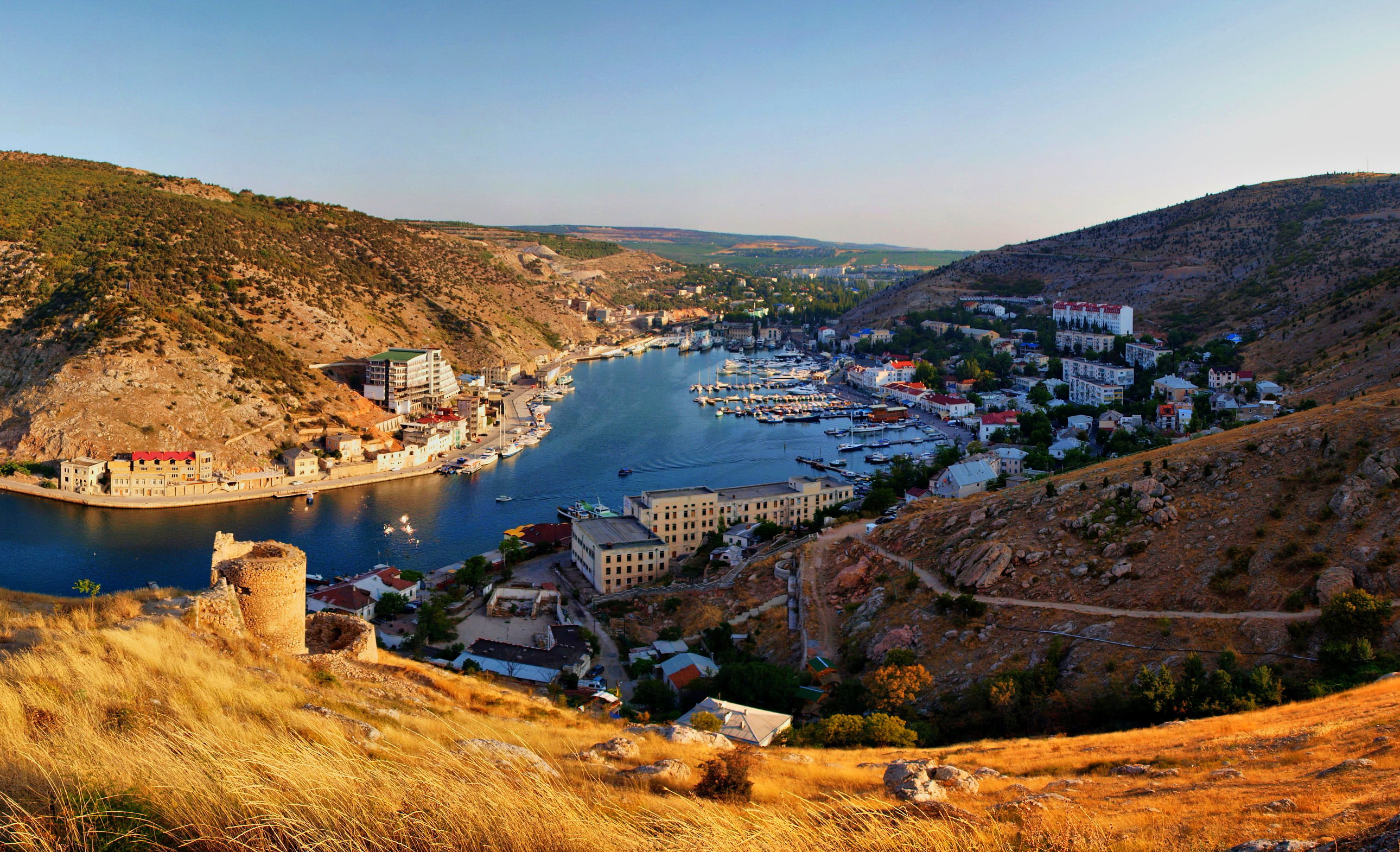 mountains, the city, river, home, boats, Crimea, Balaclava