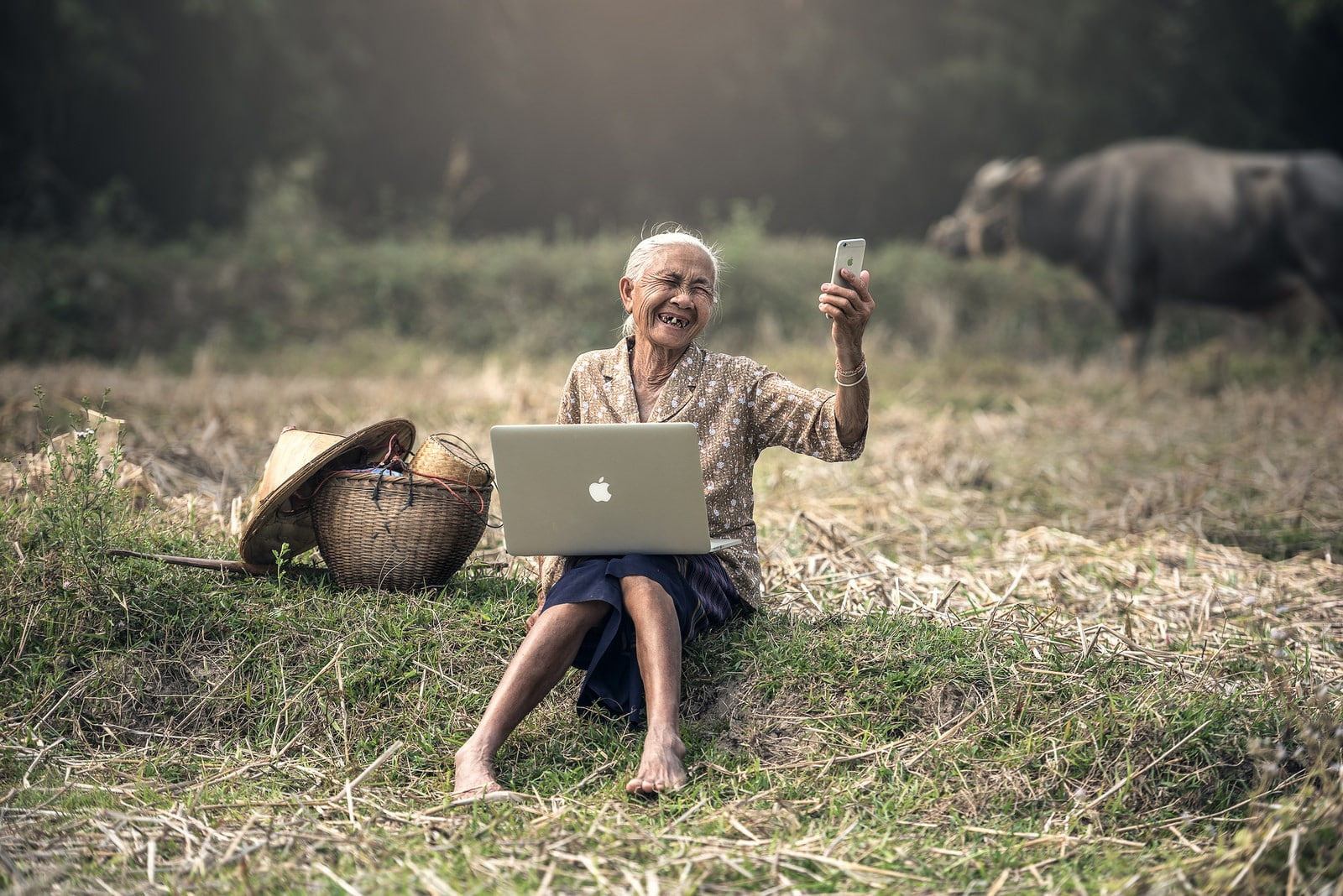 old people, field, mac book, wireless technology, communication