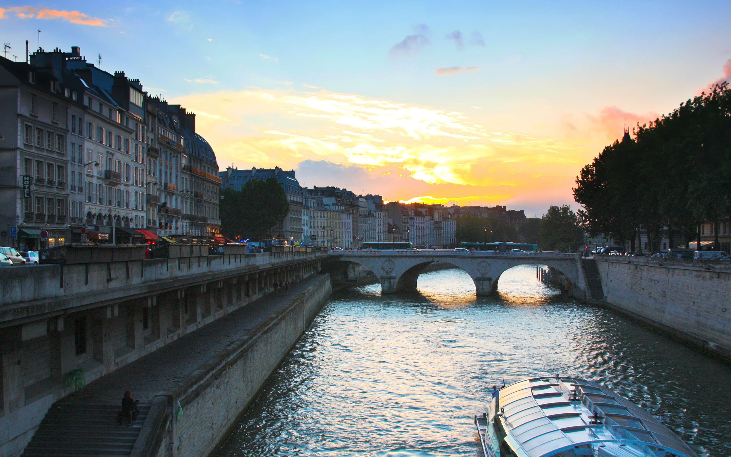 Seine river paris at sunset, yellow sunset