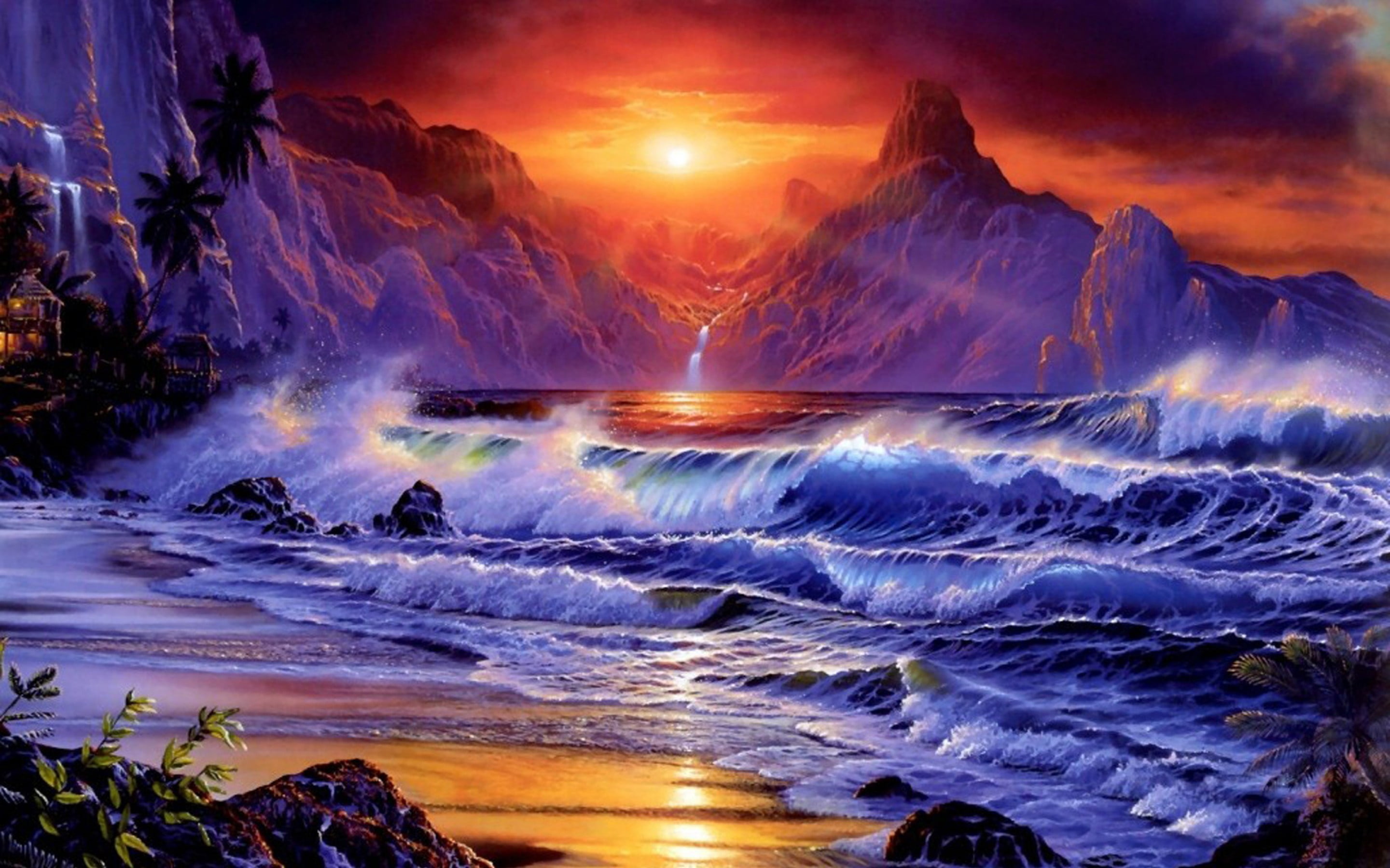 Sunset-sea-shore sea-waves-rocky mountains red sky-dark cloud Beautiful HD Wallpaper