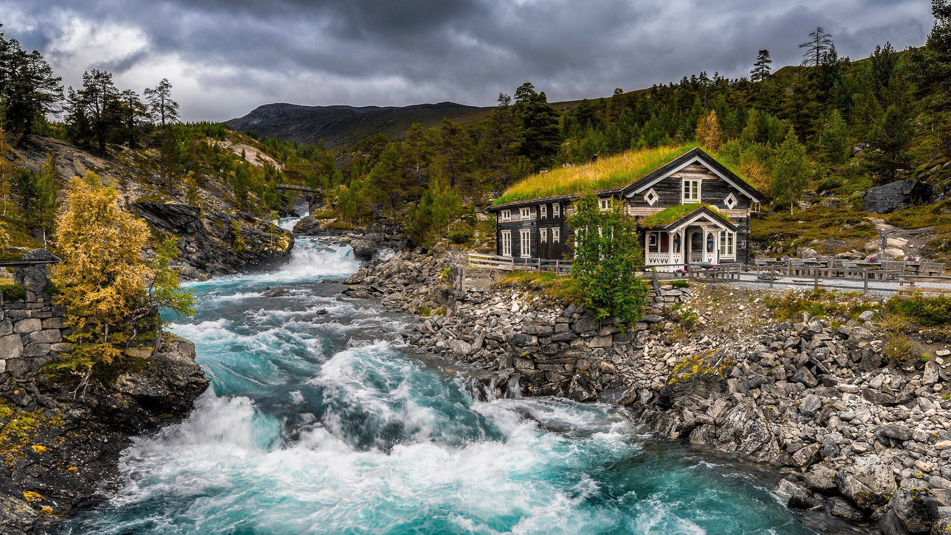 house, nature, body of water, gudbrandsdalen, river, turf house