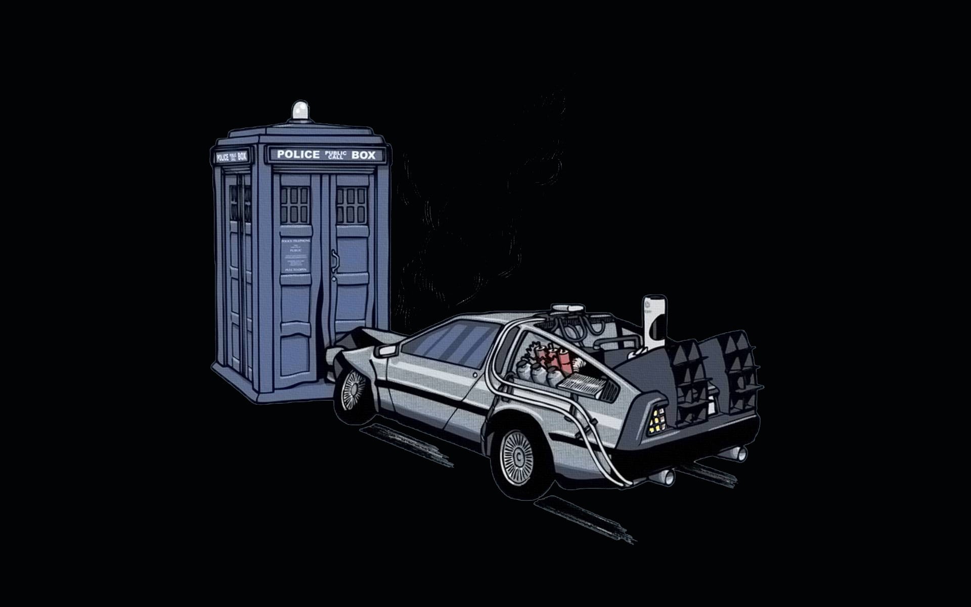 back to the future illustration, crossover, Doctor Who, black background
