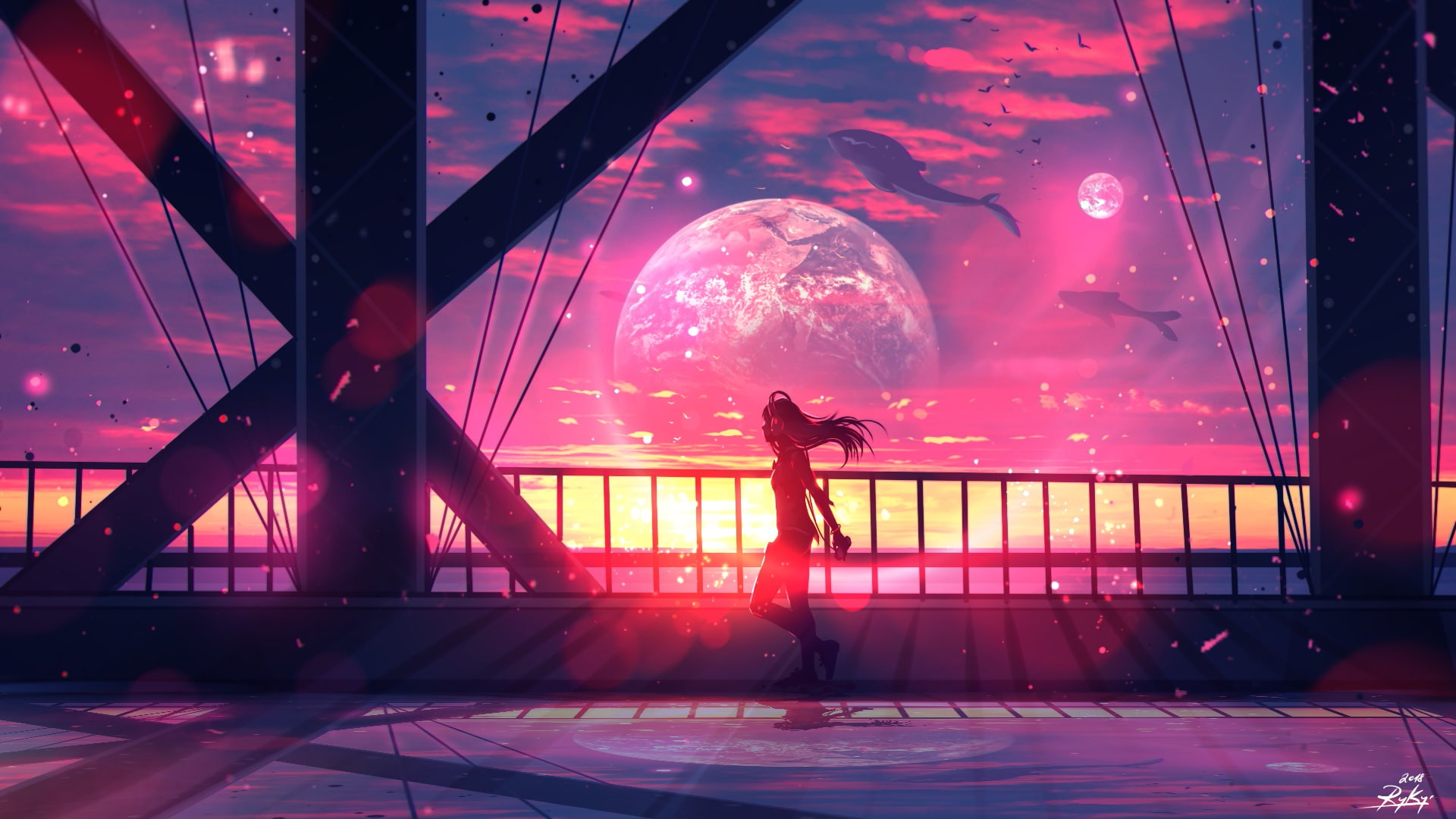 the sky, girl, space, bridge, planet, whales, by ryky