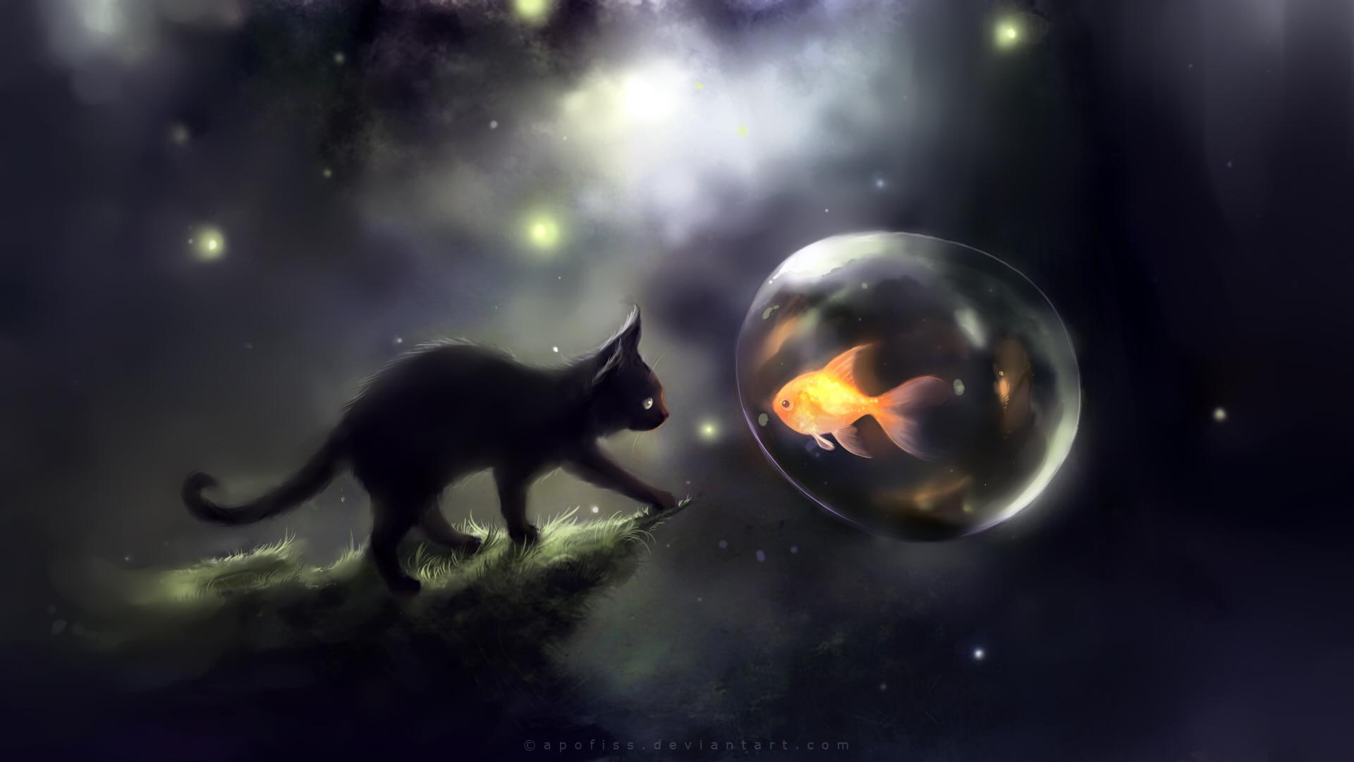 A Fantasy World, space, black cat, galaxy, kitten, fish, 3d and abstract