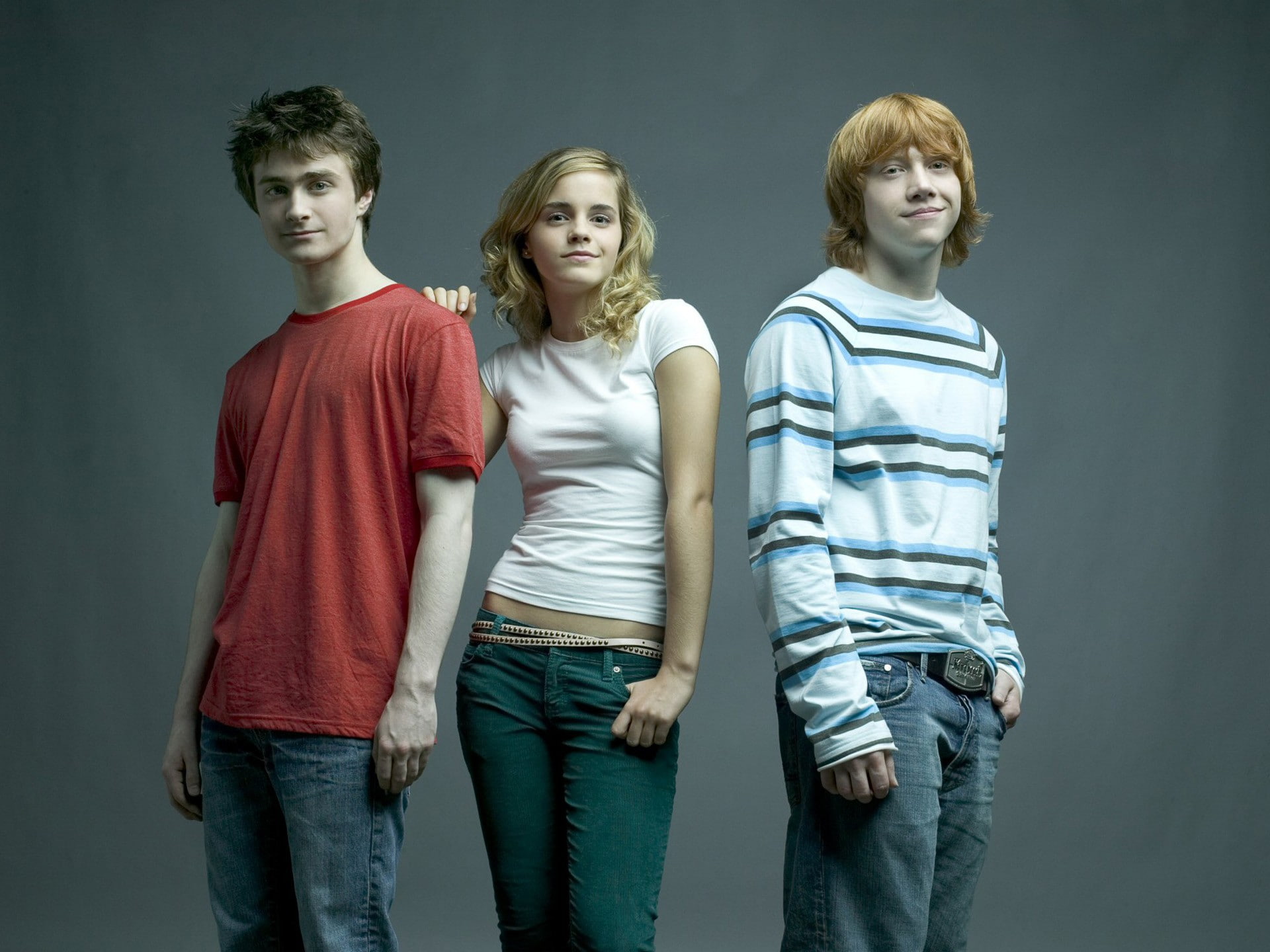 Emma Watson, Daniel Radcliffe, Rupert Grint, studio shot, casual clothing