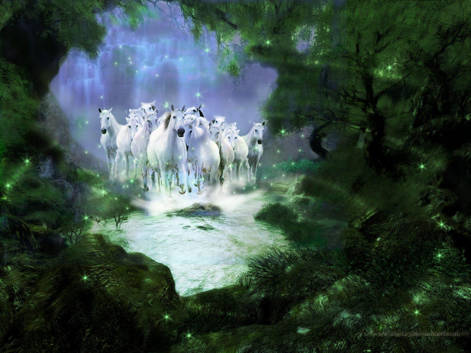 Spectral Aurochs, trees, forest, horses, fantasy