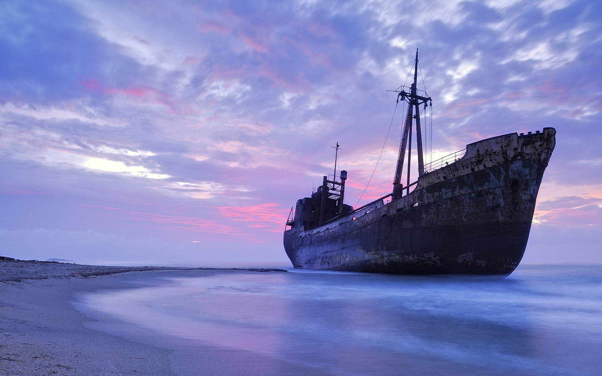 Aboned Ship, vehicle, beach, water, ocean, blue, boats