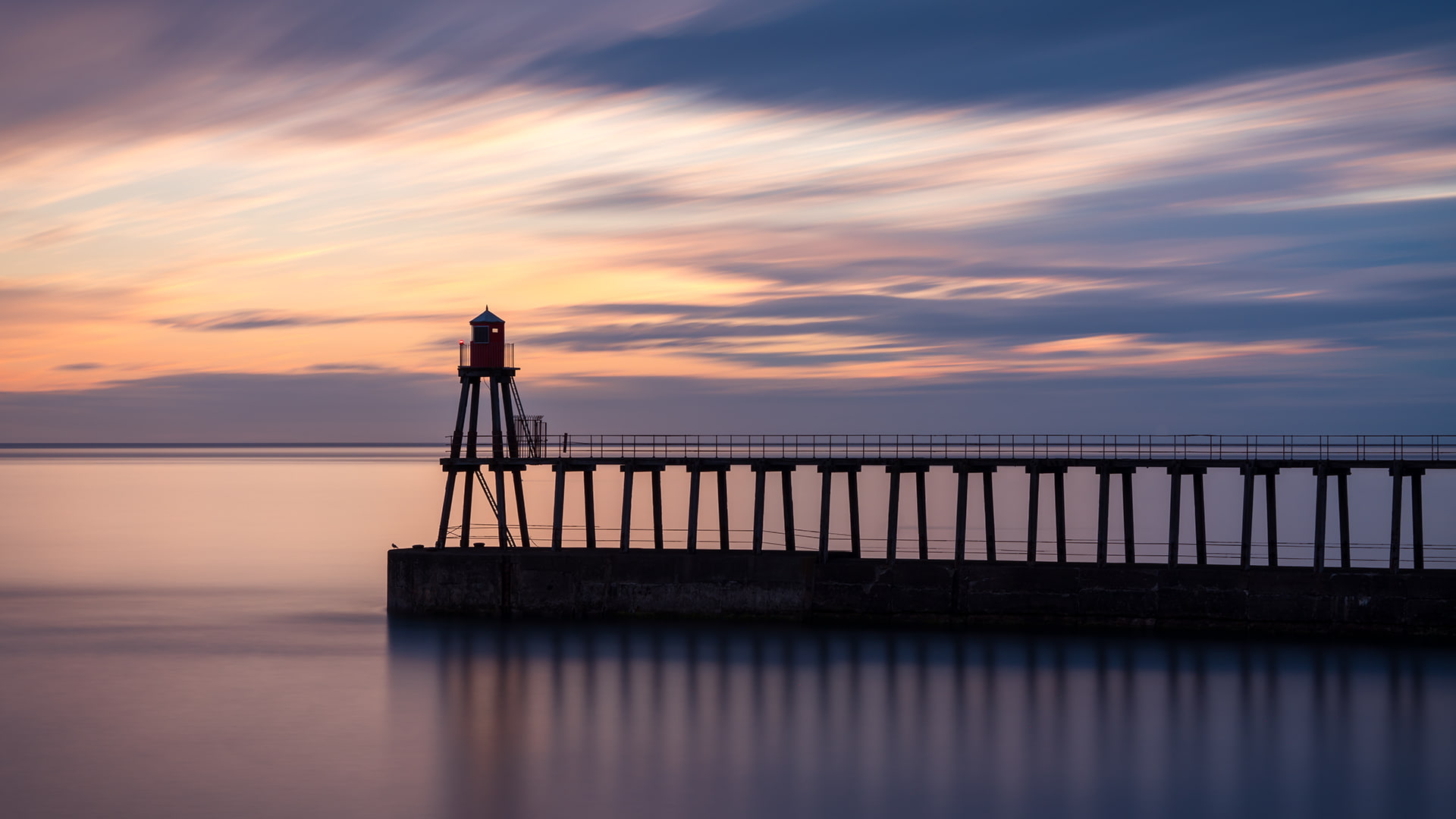 pier, Whitby, sky, water, sea, sunrise, clouds