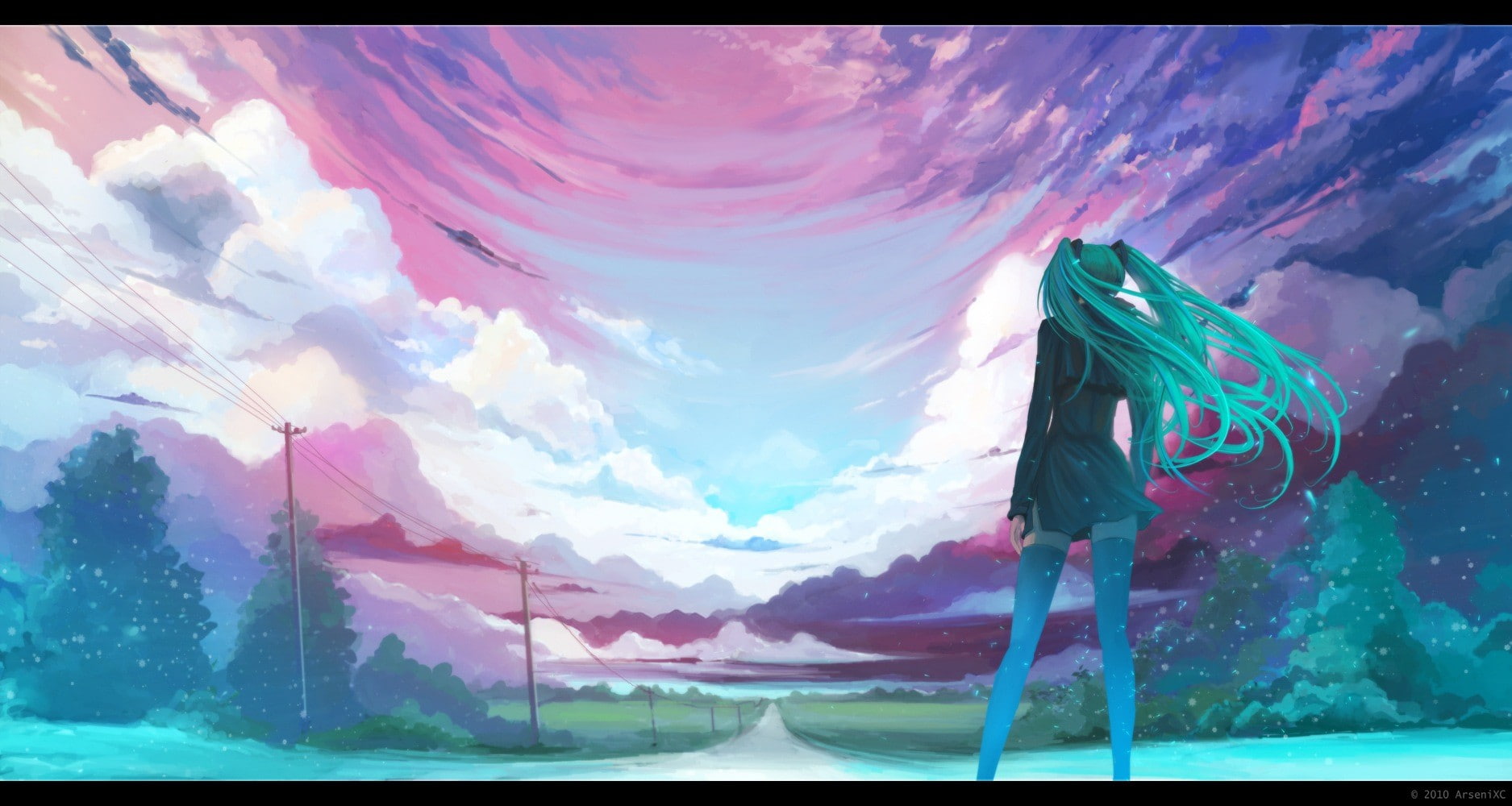 Hatsune Miku, power lines, Vocaloid, cloud - sky, nature, auto post production filter