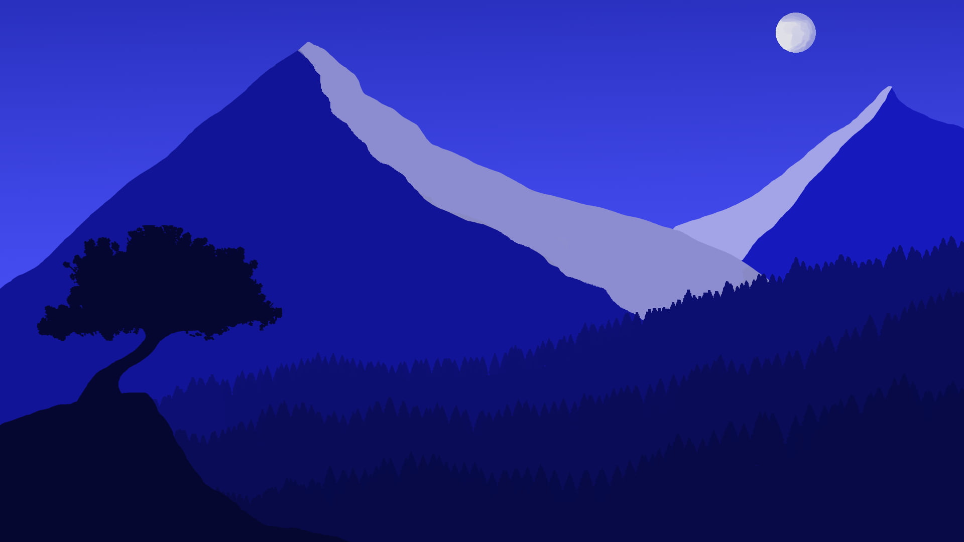 Artistic, Landscape, Blue, Minimalist, Moon, Mountain, Night