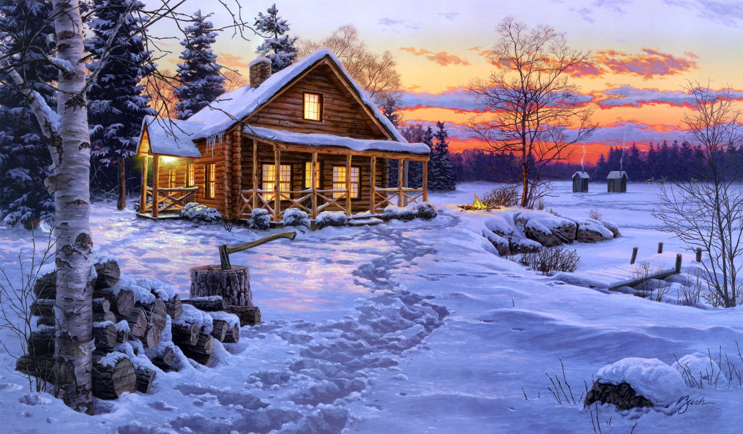 brown wooden house, winter, snow, fire, spruce, the evening, the fire