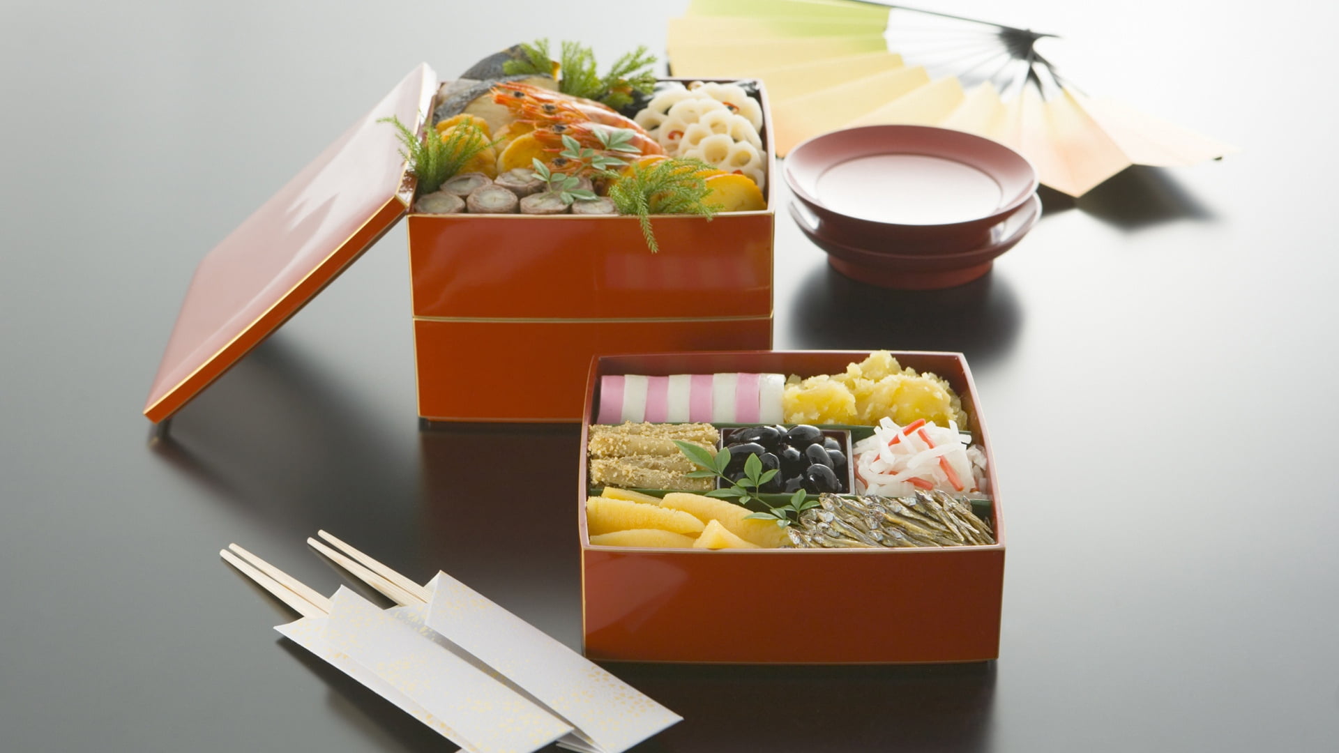orange bento box, seafood, olives, chinese cuisine, meal, chopsticks