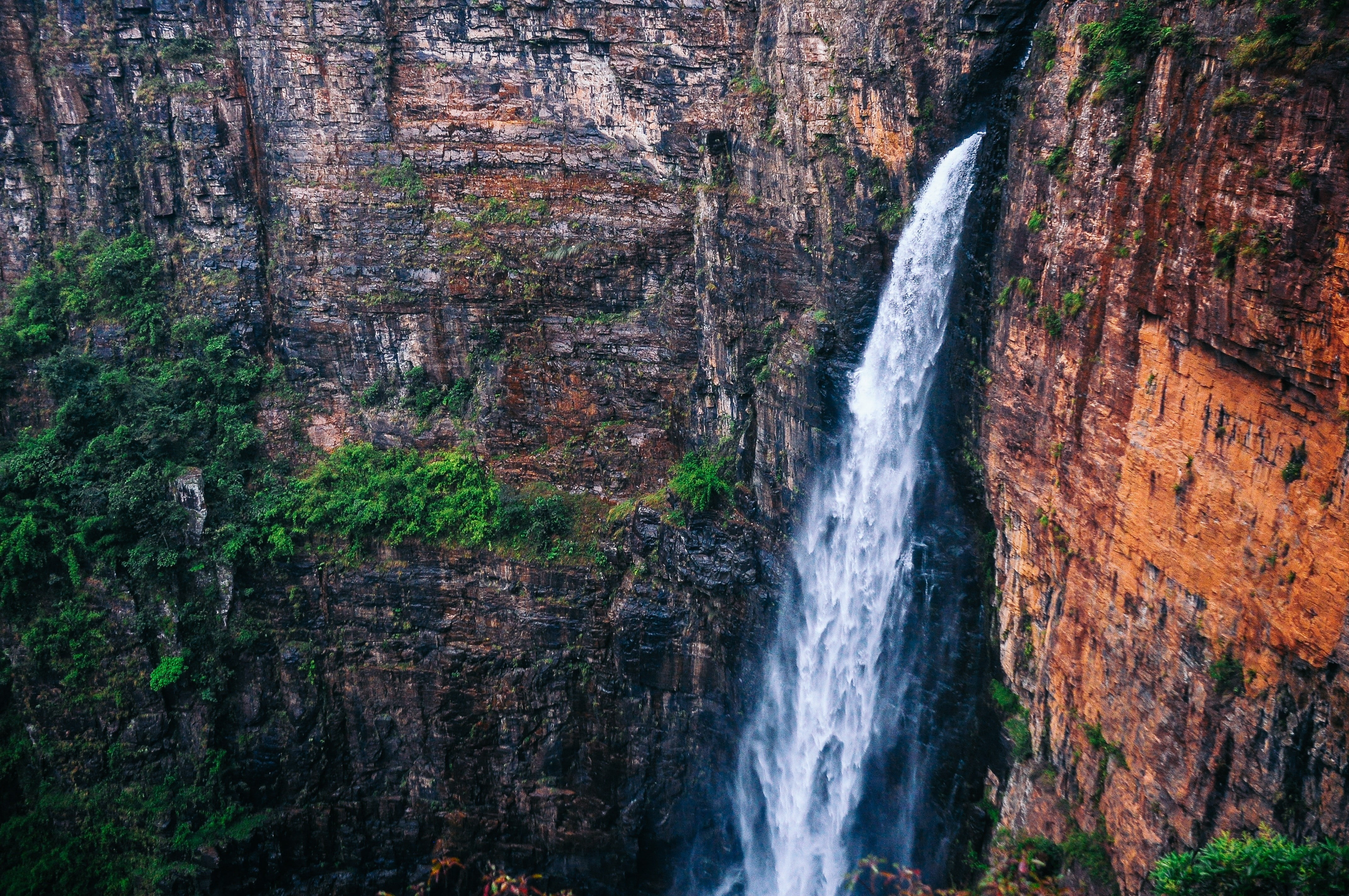 waterfall, rock, nature, mountains