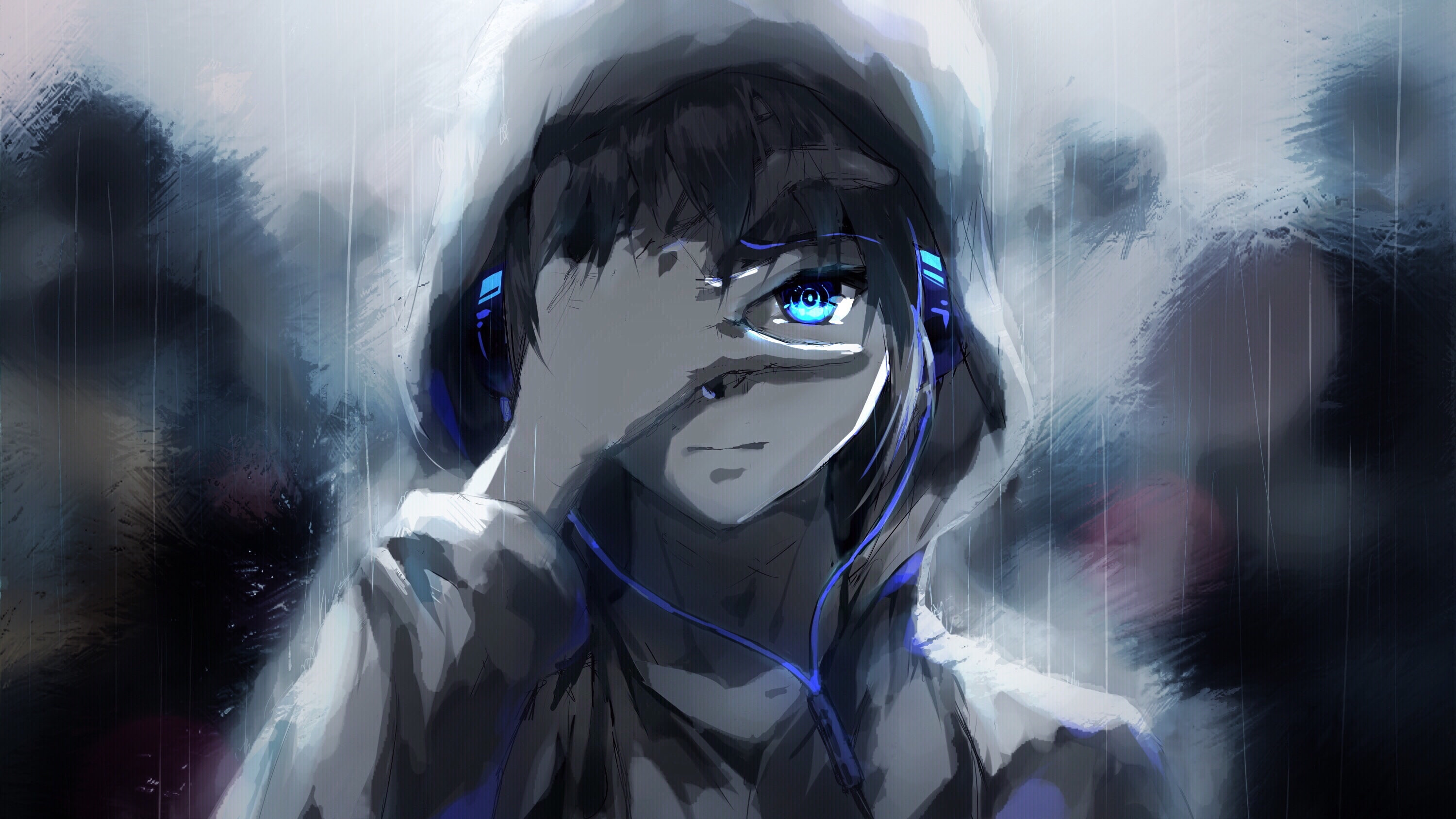 people, rain, anime, headphones, tears, art, guy, raku aohane
