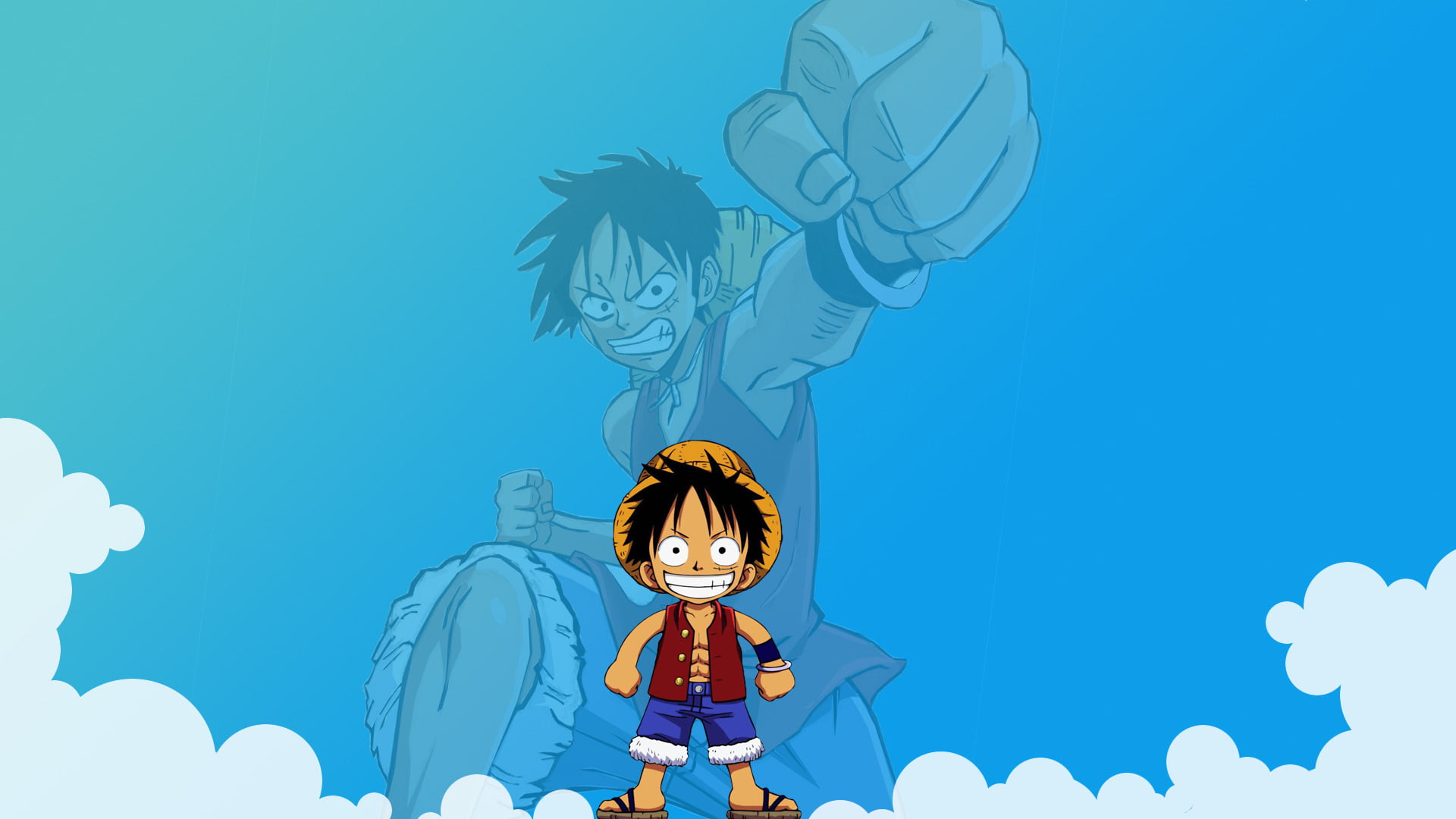 Monkey D. Luffy illustration, Anime, One Piece, blue, childhood