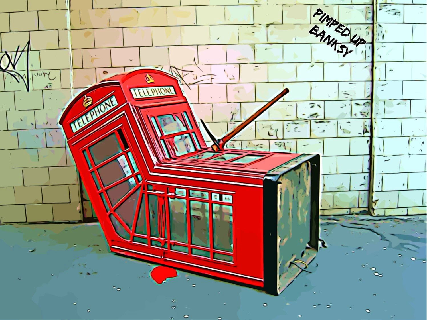 digital art, Banksy, graffiti, London, phone box, humor, text