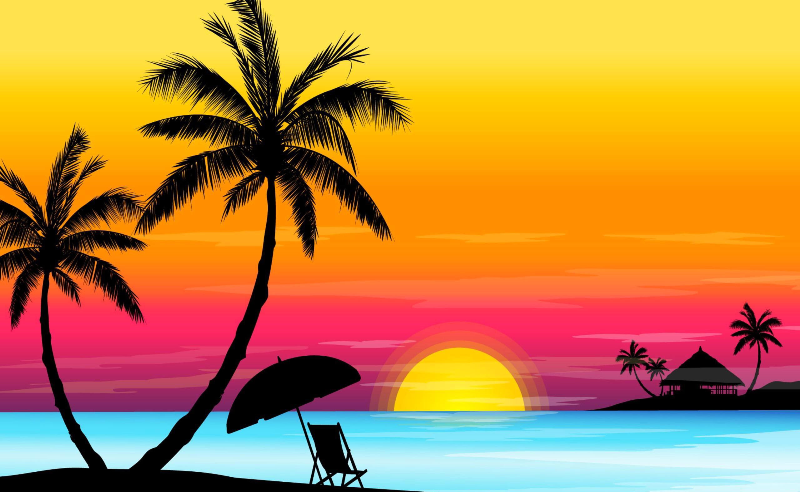 palm tree wallpaper, sea, the sky, the sun, sunset, Palma, umbrella
