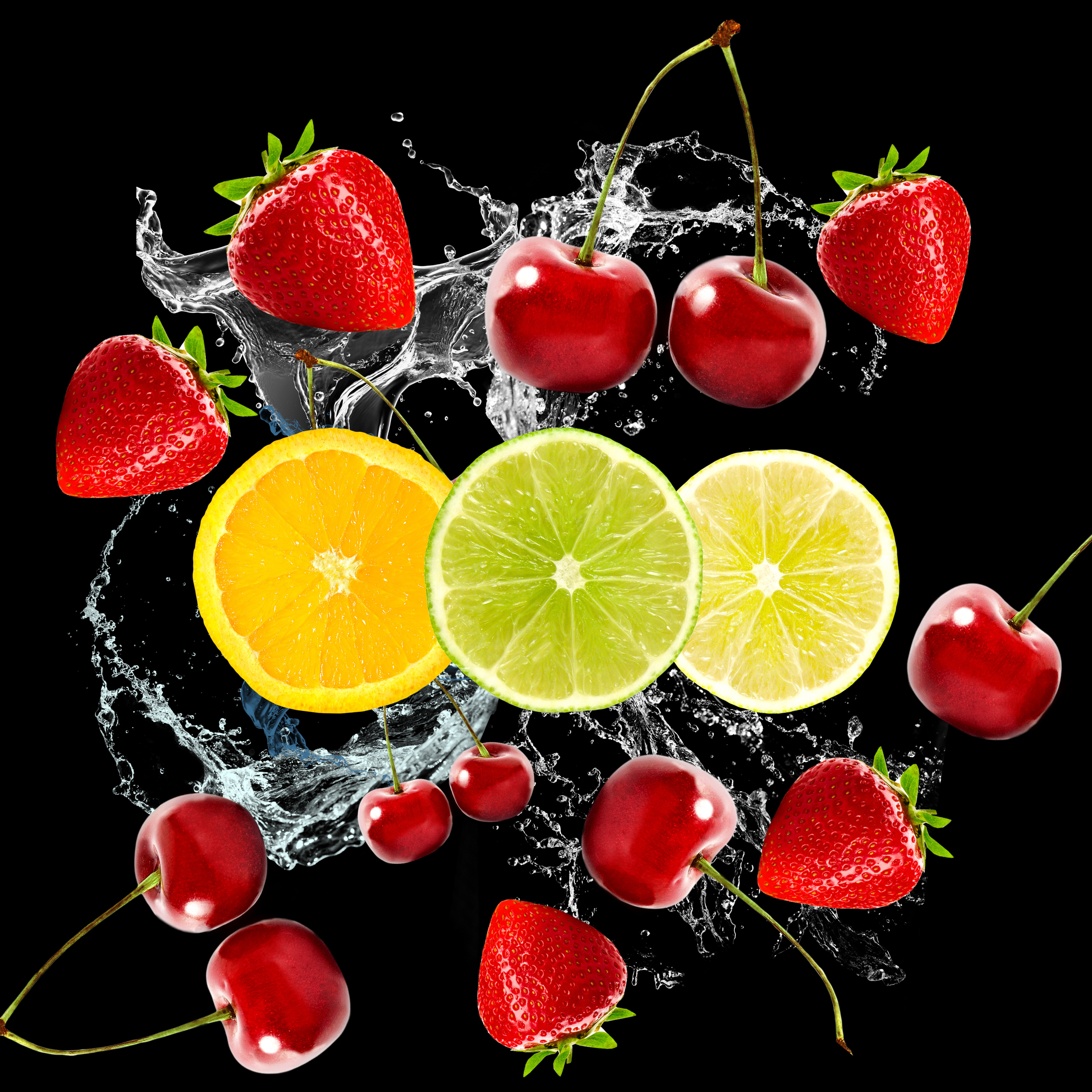 cherry and strawberry fruits, water, berries, citrus, black background