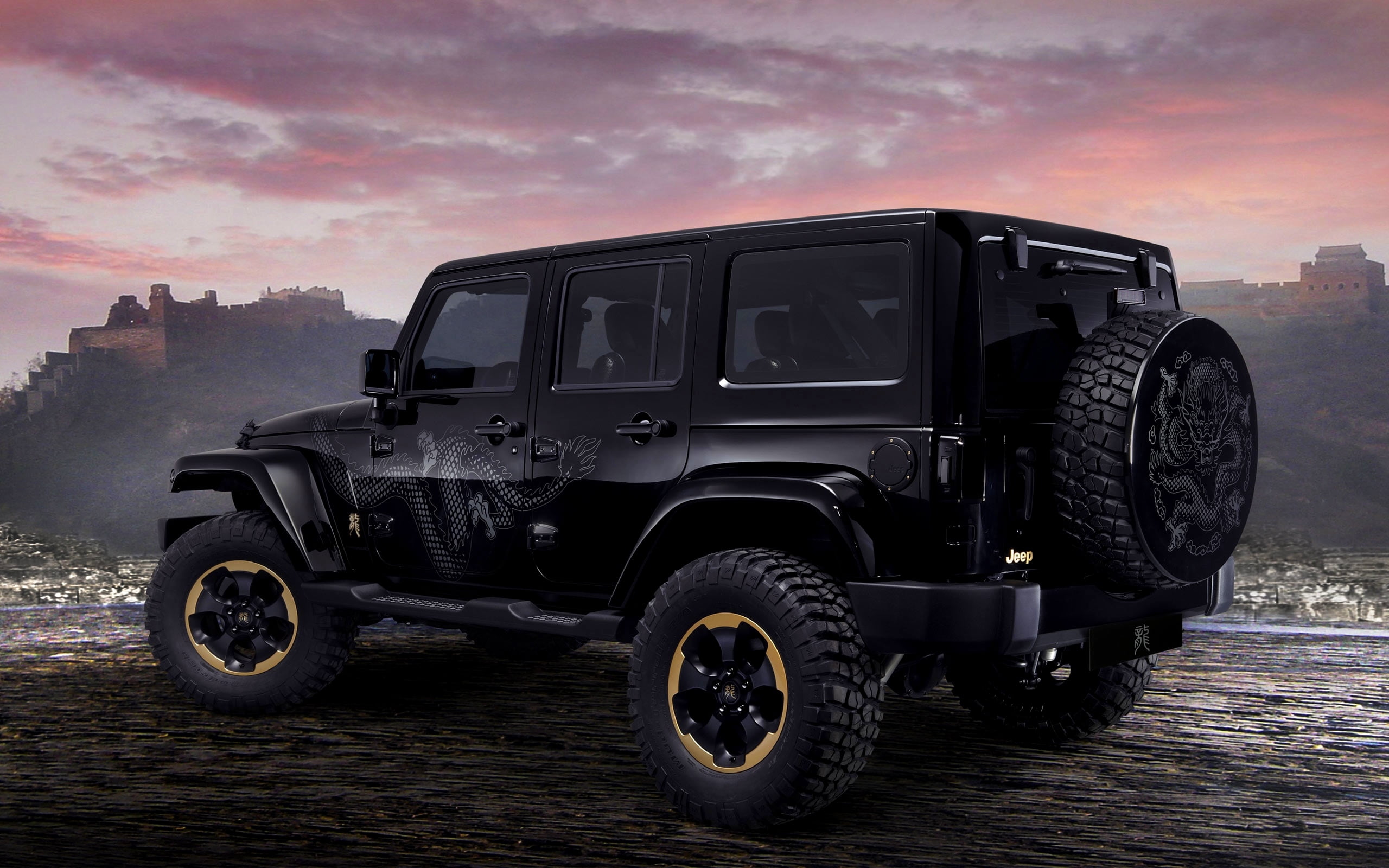 black Jeep Wrangler Unlimited hardtop SUV, dragon, concept, auto