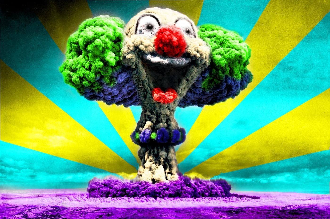 Clown mushroom cloud, clowns, explosion, mushroom clouds, multi colored