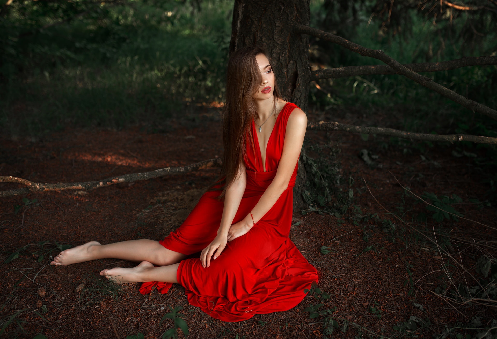 Free download | HD wallpaper: women, red dress, barefoot, model ...