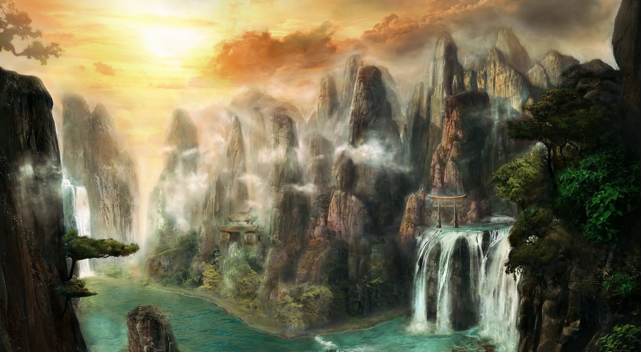 digital art fantasy art nature mountain landscape waterfall trees asian architecture river sun clouds mist