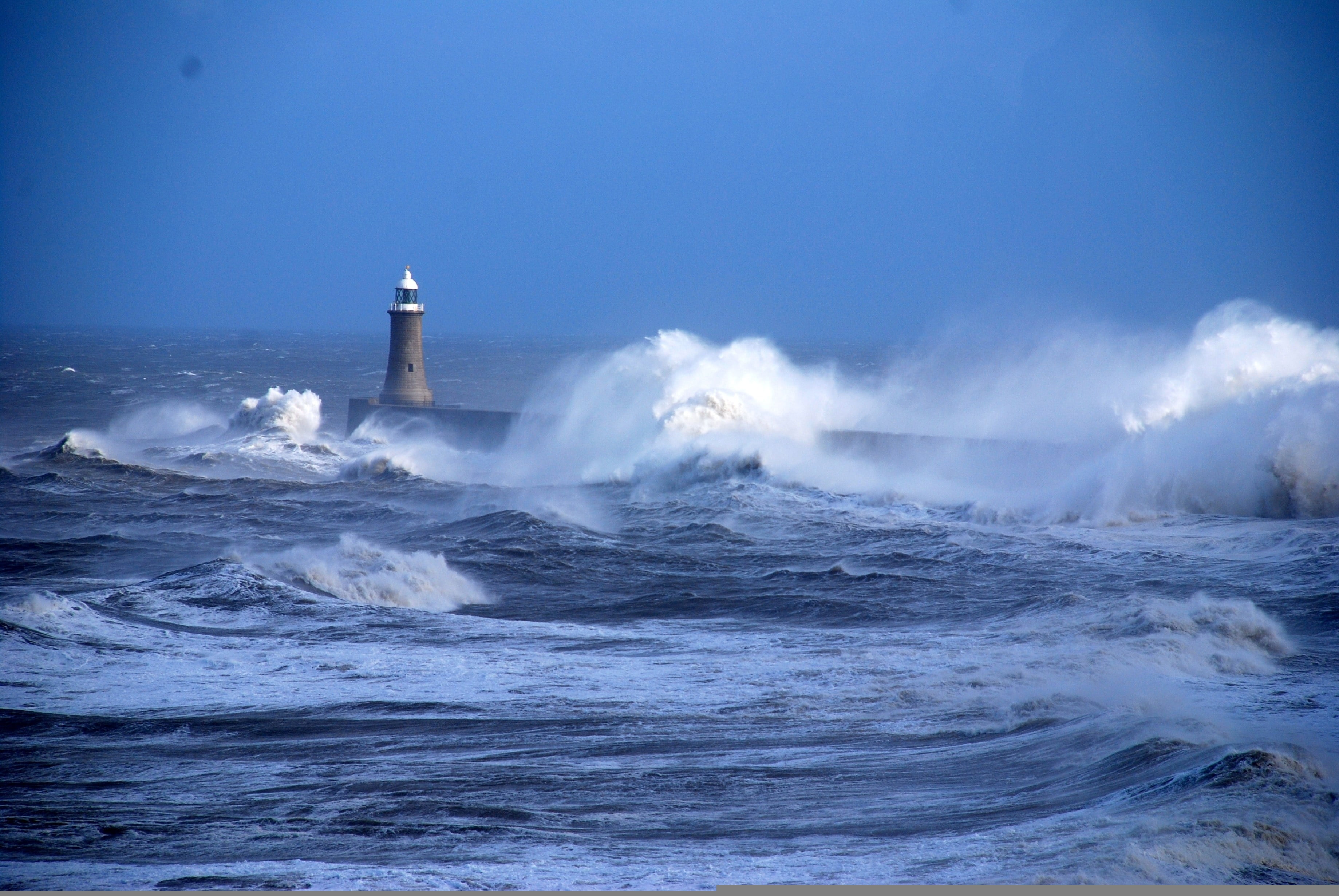 brown and white concrete lighthouse, beacon, sea, ocean, storm