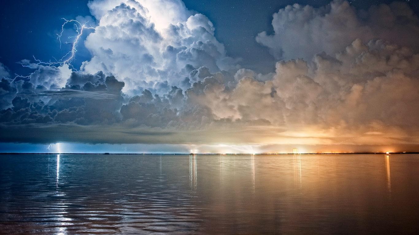 Clouds Storm Lightning Ocean HD, nature