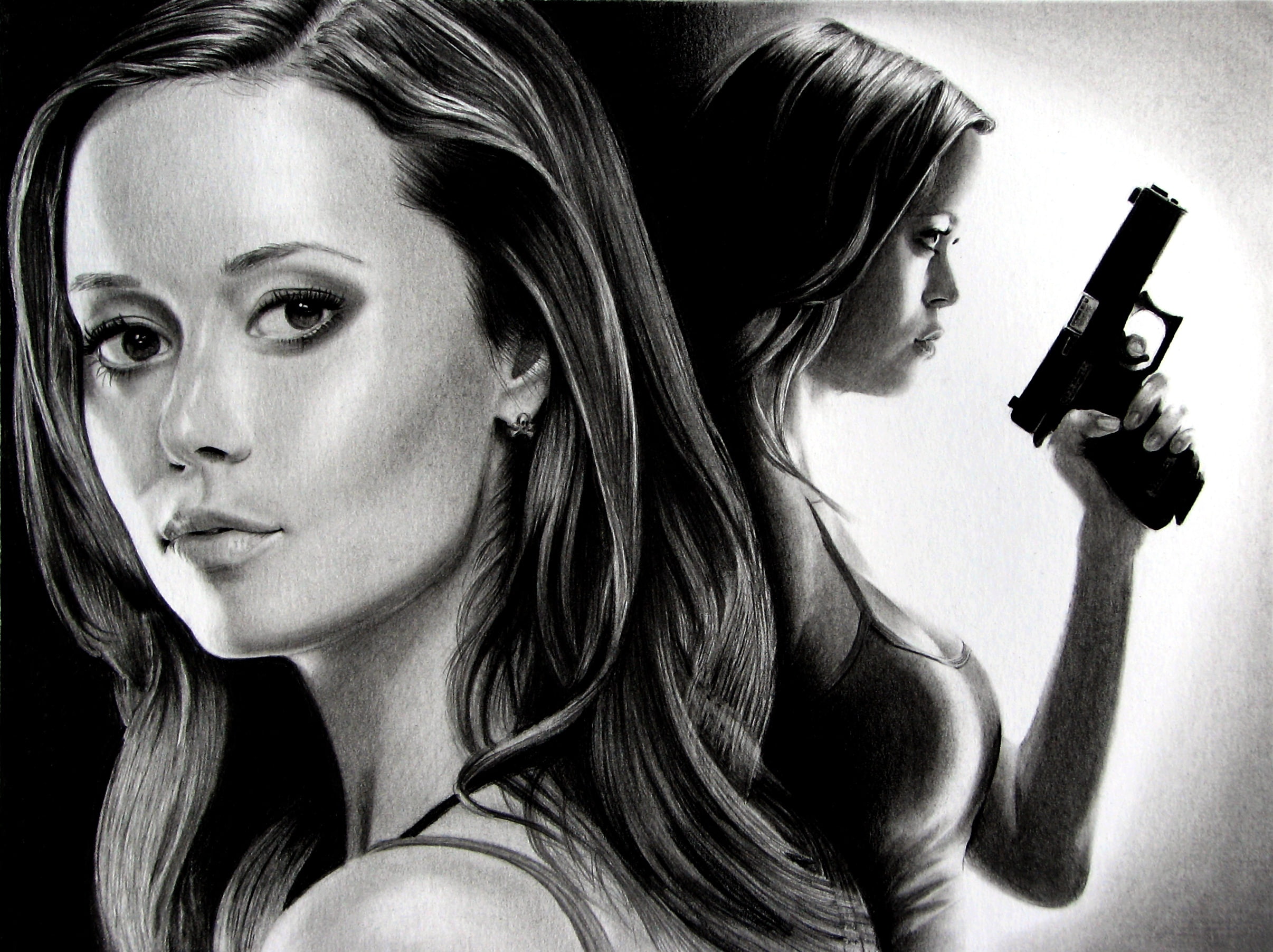 girl, gun, figure, portrait, art, black and white, Terminator