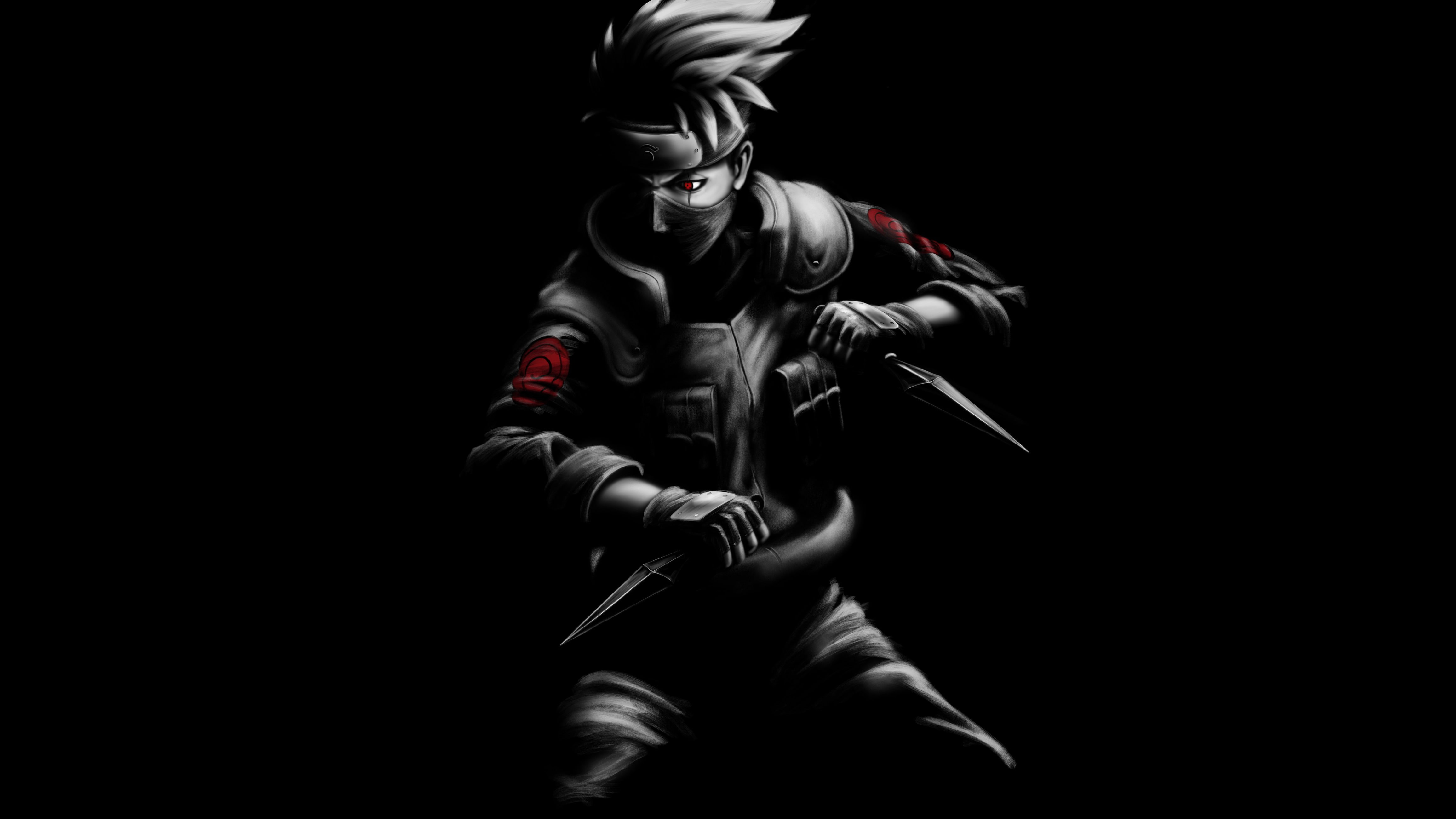 Kakashi, Naruto, Fan art, Black, Dark background, Minimal, 4K