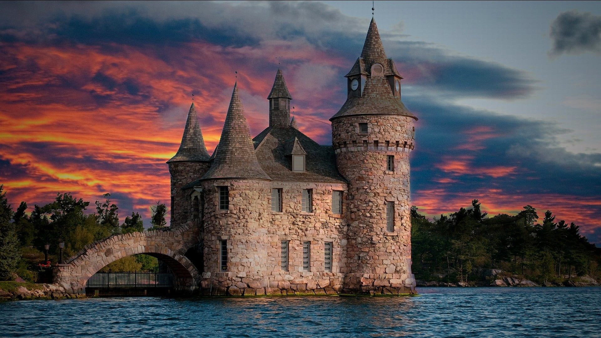 brown castle digital wallpaper, untitled, sunset, tower, water