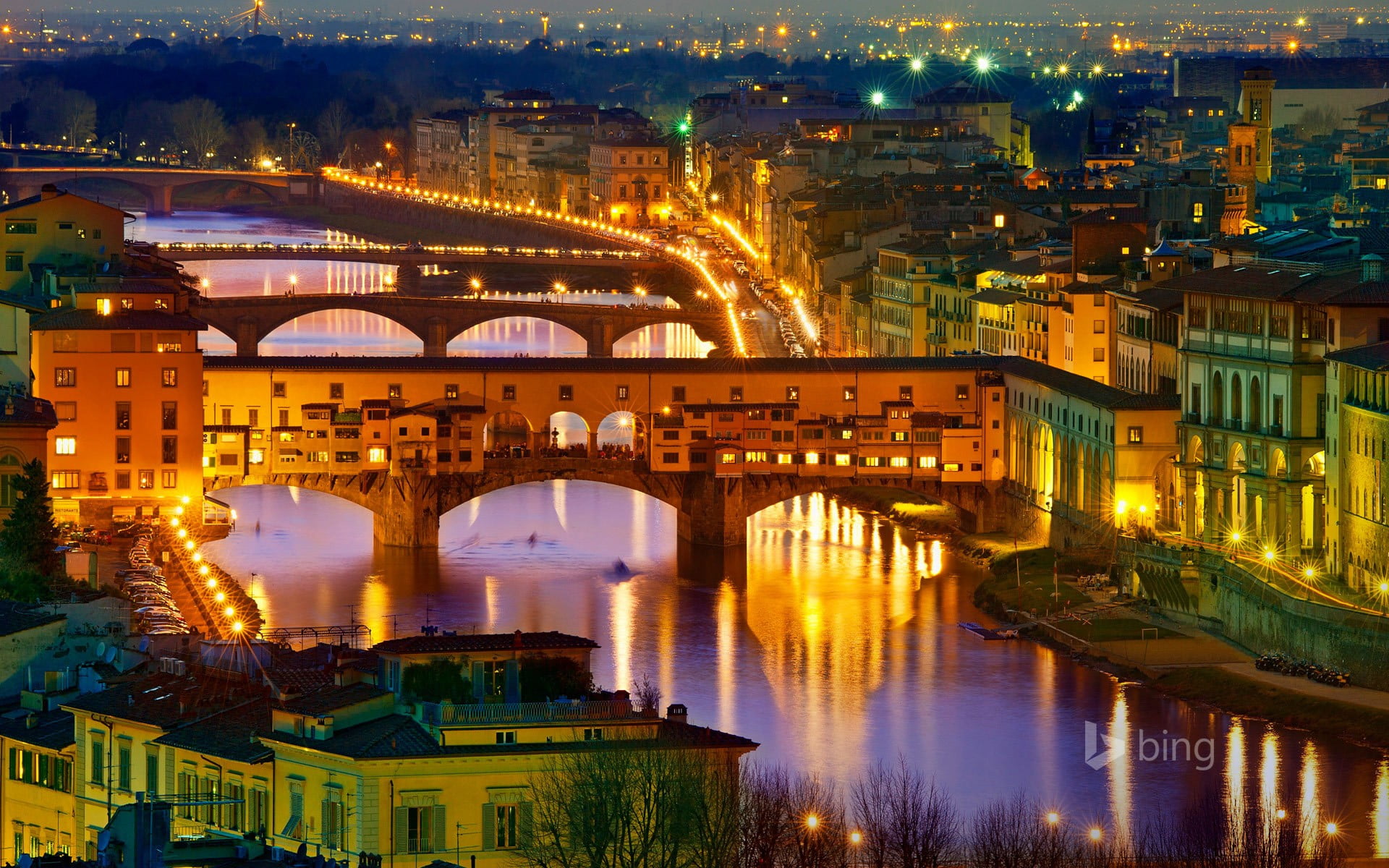 brown concrete bridge, city, Florence, Italy, river, lights, cityscape