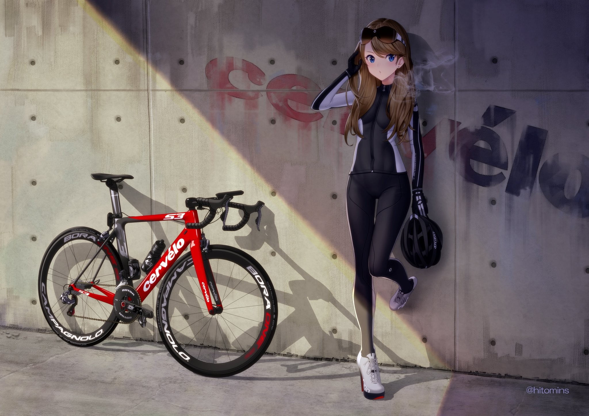 red and black road bike, anime, anime girls, bicycle, brunette