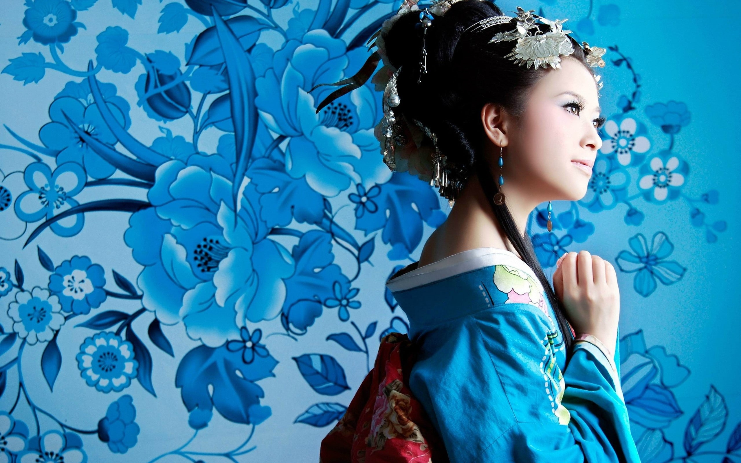 Asian, Geisha, Kimono, Brunette, Patterns, one person, blue