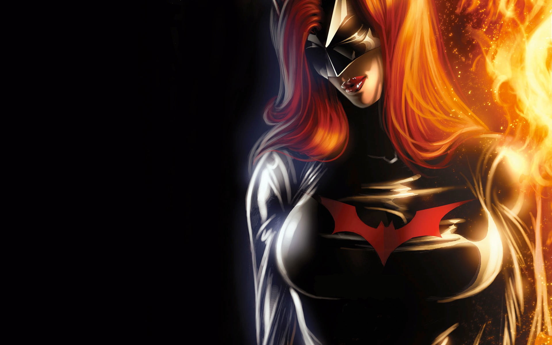 Batwoman, superheroines, mask, black background, indoors, no people