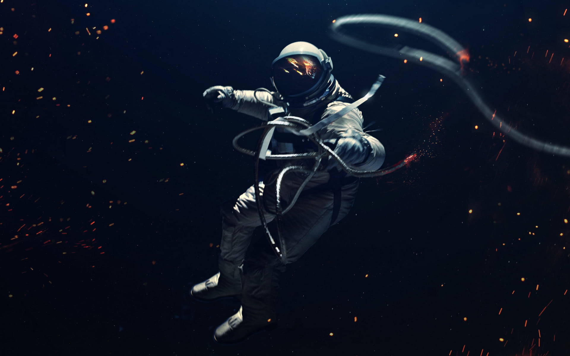 astronaut holding cable digital wallpaper, spacesuit, digital art