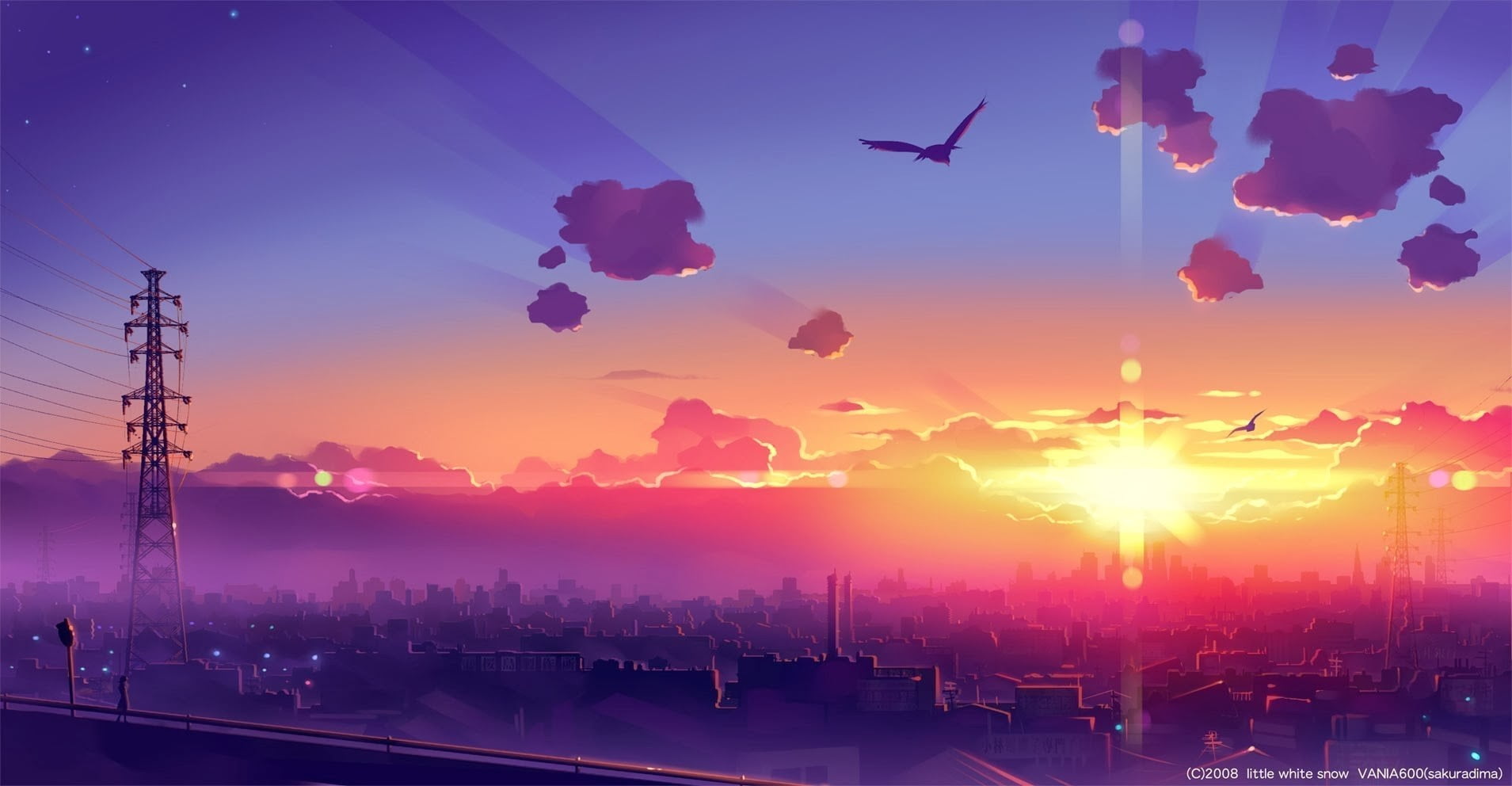 top view of city, anime, sky, skyline, power lines, sunlight