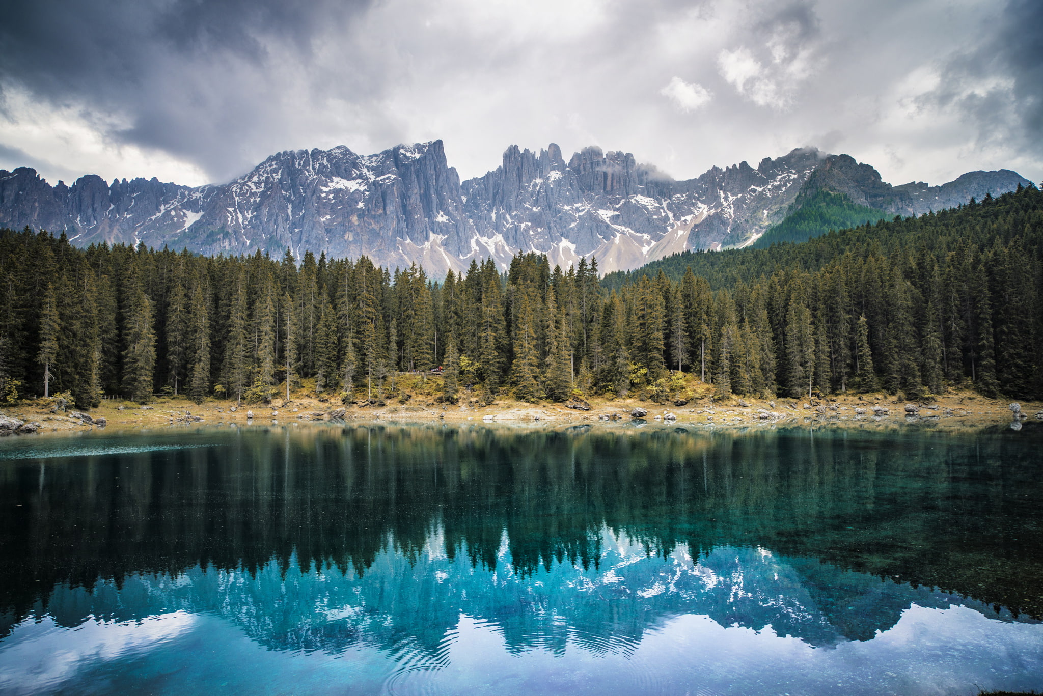 forest, mountains, lake, Italy, Bolzano, Lake Carezza
