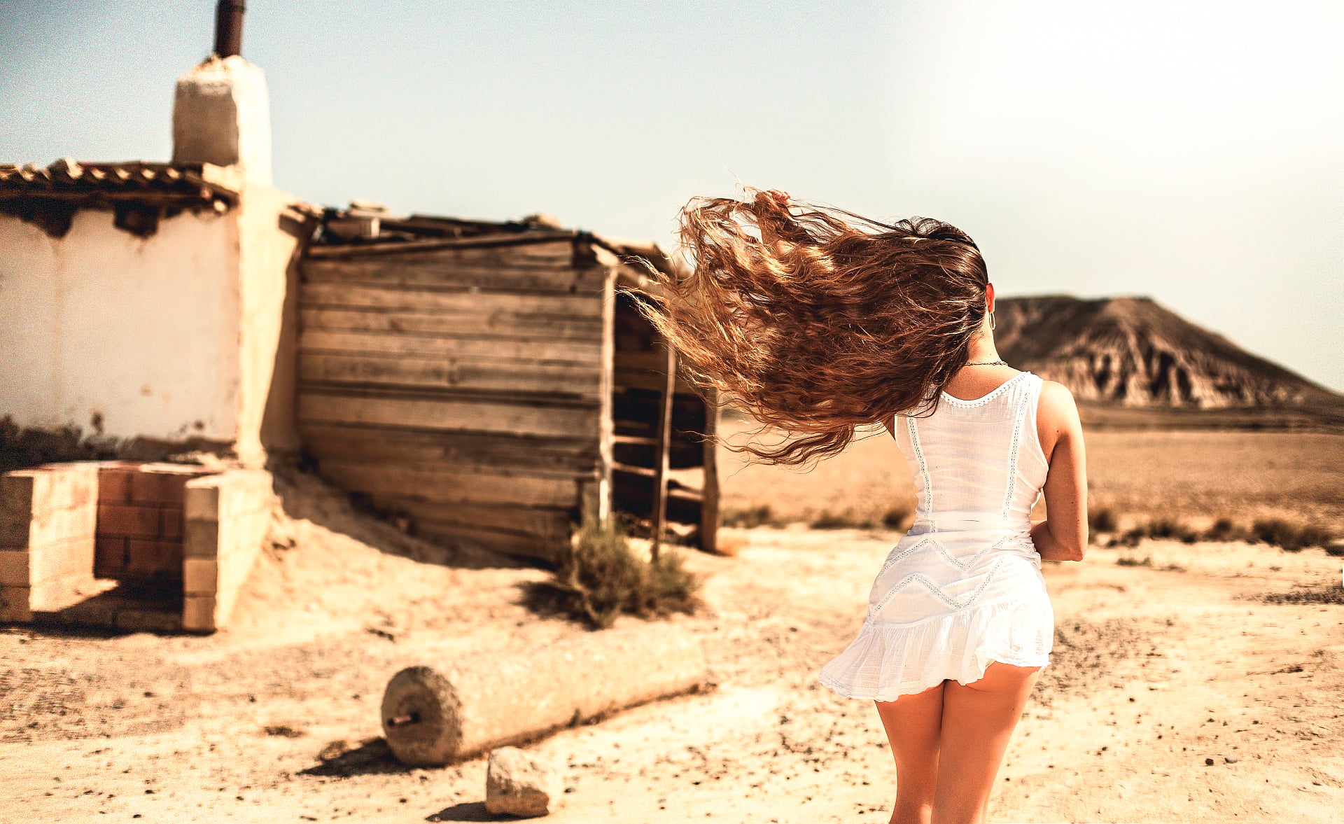 women's white sleeveless dress, girl, the wind, hair, legs, Laurent KC